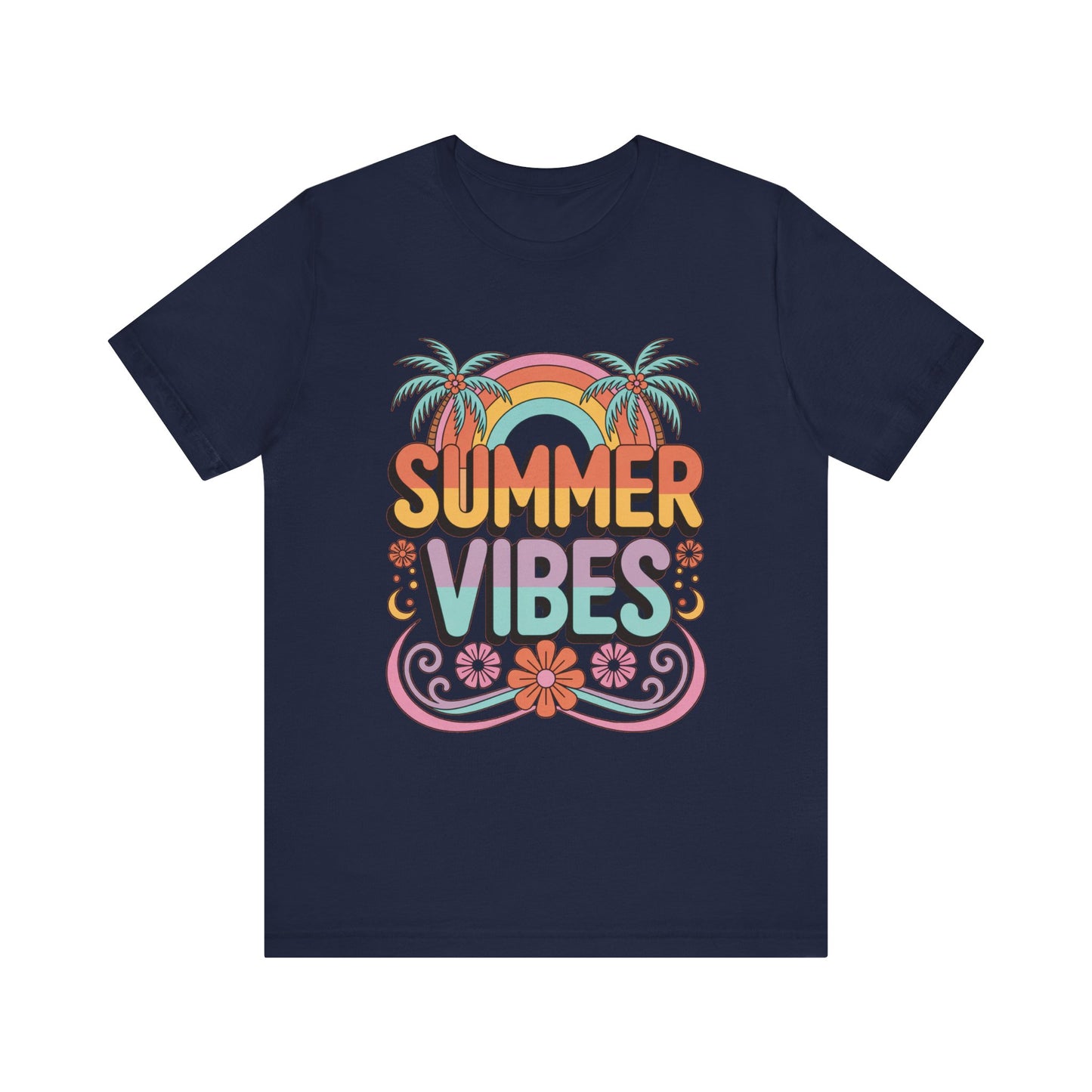 Summer Vibes Bella+Canvas Unisex Tee featuring a vibrant graphic with palm trees and rainbow, perfect for casual and semi-formal occasions.