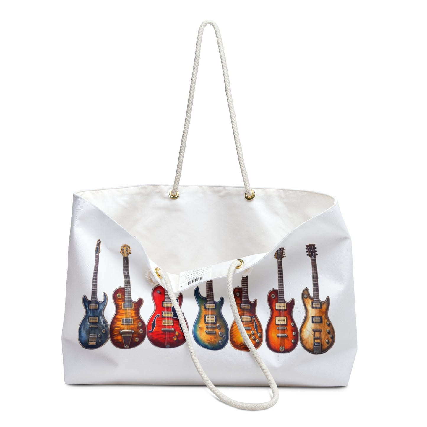 Weekender Bag Electric Guitars Print: A stylish bag featuring electric guitar designs, ideal for music enthusiasts. Crafted with durable spun polyester and rope handles, perfect for vibrant weekend getaways or music festivals.