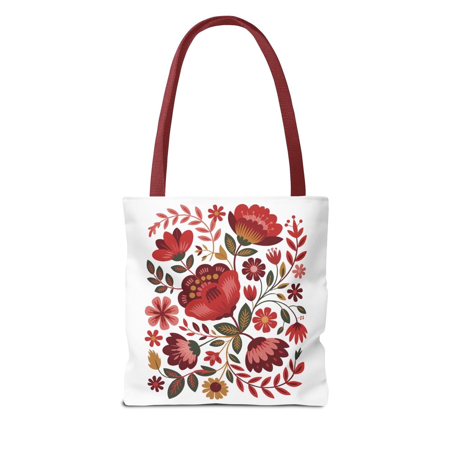 Red Floral Folk-Art Style Tote Bag features vibrant floral illustrations in red tones with green leaves, ideal for carrying essentials. Perfect for nature lovers, available in multiple sizes from FireBrook Essentials.