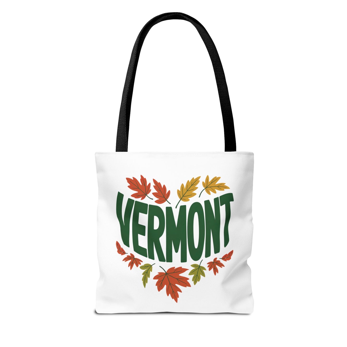 Vermont Tote Bag featuring green and orange leaf designs and a heart-shaped logo, showcases durability with reinforced stitching and boxed corners, ideal for everyday use.