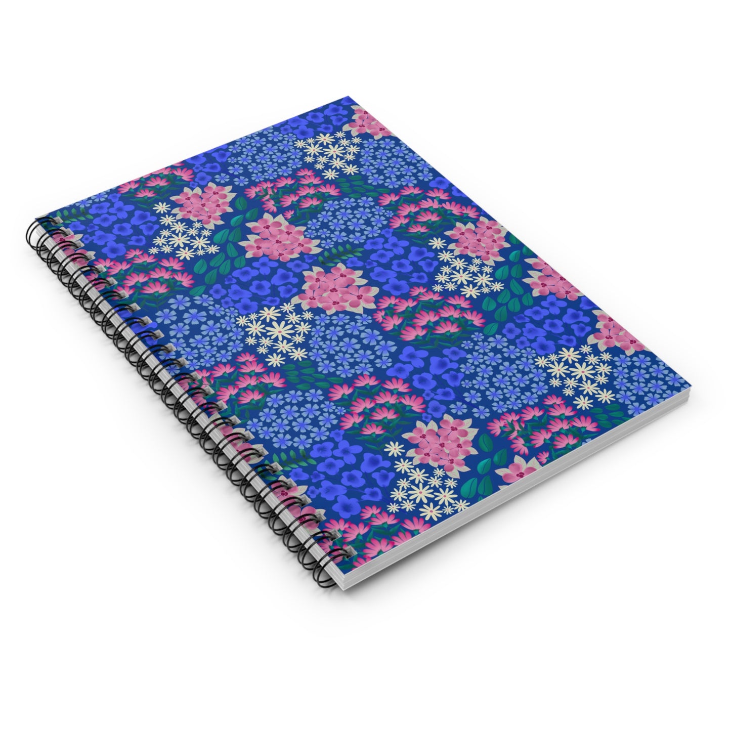 Floral Spiral Notebook with vibrant floral pattern on the cover, featuring a sleek black metal spiral binding. Ideal for jotting notes or sketching, embodying FireBrook Designs' joyful and uplifting aesthetic.