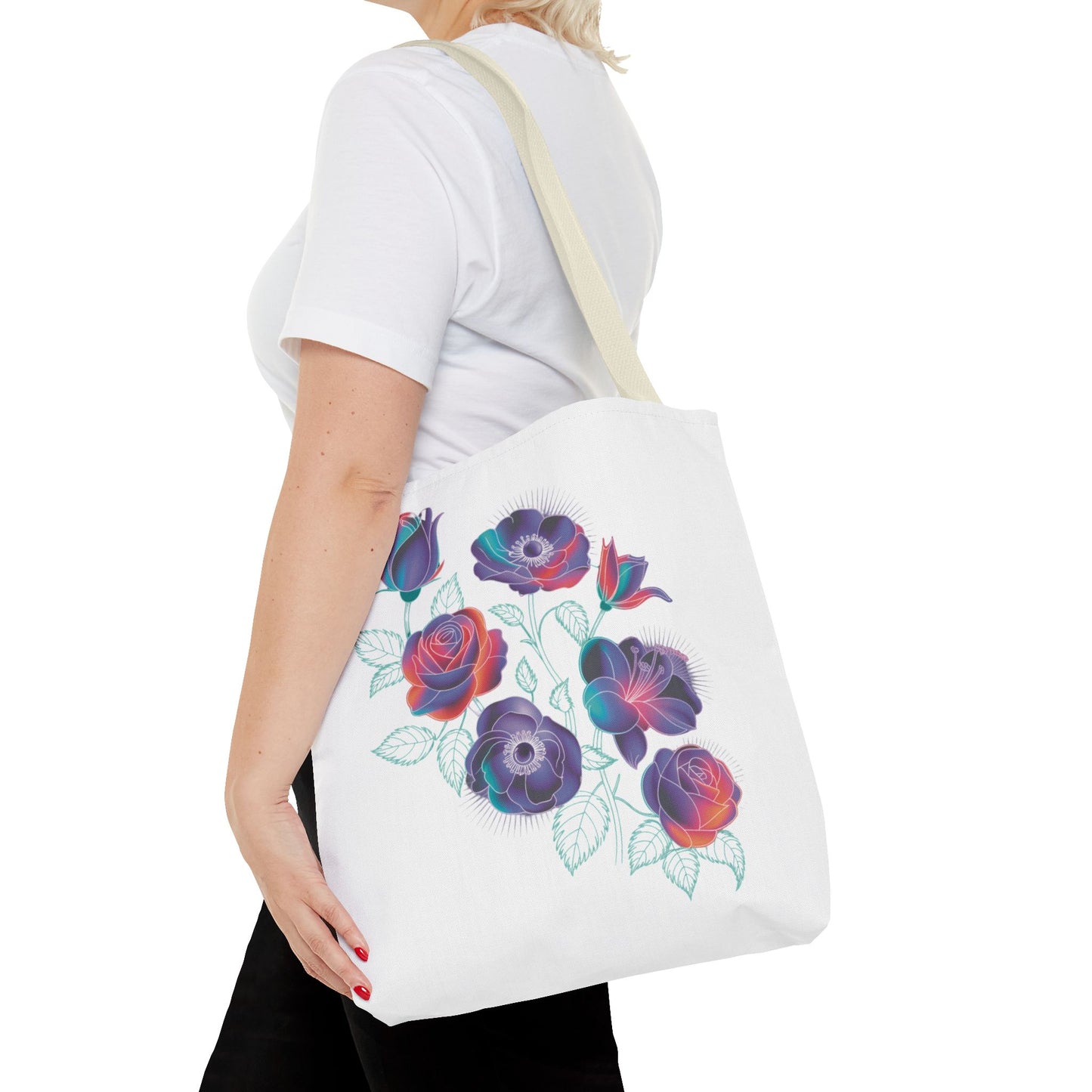 Vibrant Rose, Anemone, Lily Silhouettes Neon Floral Tote Bag from FireBrook Essentials. Features vivid floral silhouettes on a durable tote, perfect for style-conscious nature lovers seeking a joyful, functional accessory.
