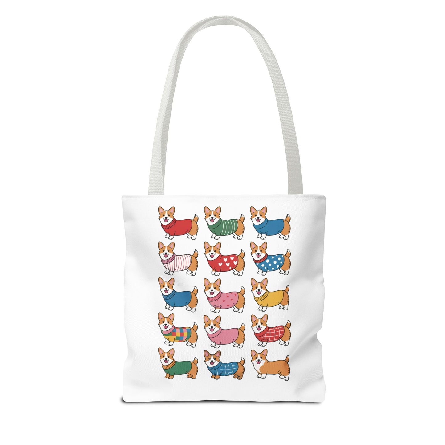 Cheerful Corgi Cartoon Style Dog Lover Tote Bag featuring adorable Corgis in unique outfits. Durable polyester with reinforced handles, perfect for everyday use, capturing FireBrook Essentials' joyful, uplifting design ethos.