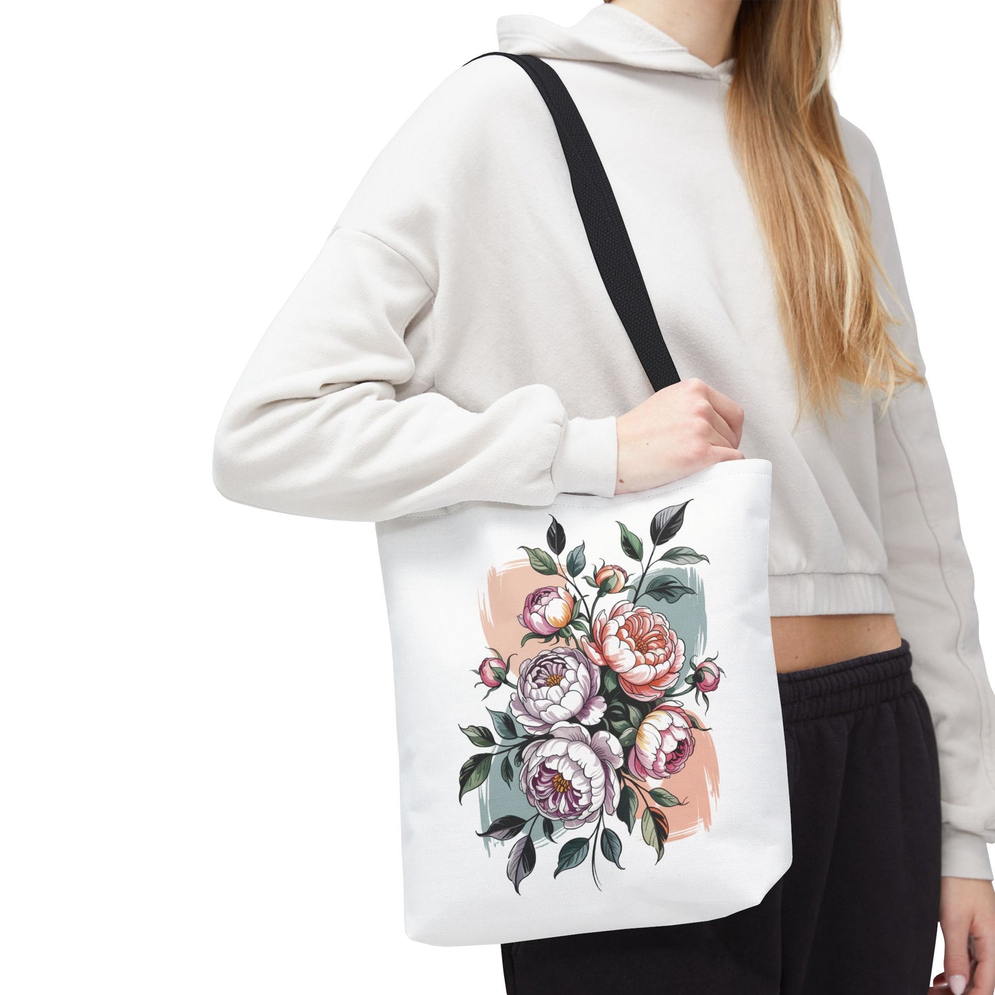 Vintage Peony Tote Bag featuring a charming peony design, perfect for nature lovers. Durable polyester with reinforced handles, ideal for carrying essentials. Available in multiple sizes from FireBrook Designs, enhancing your everyday joy.
