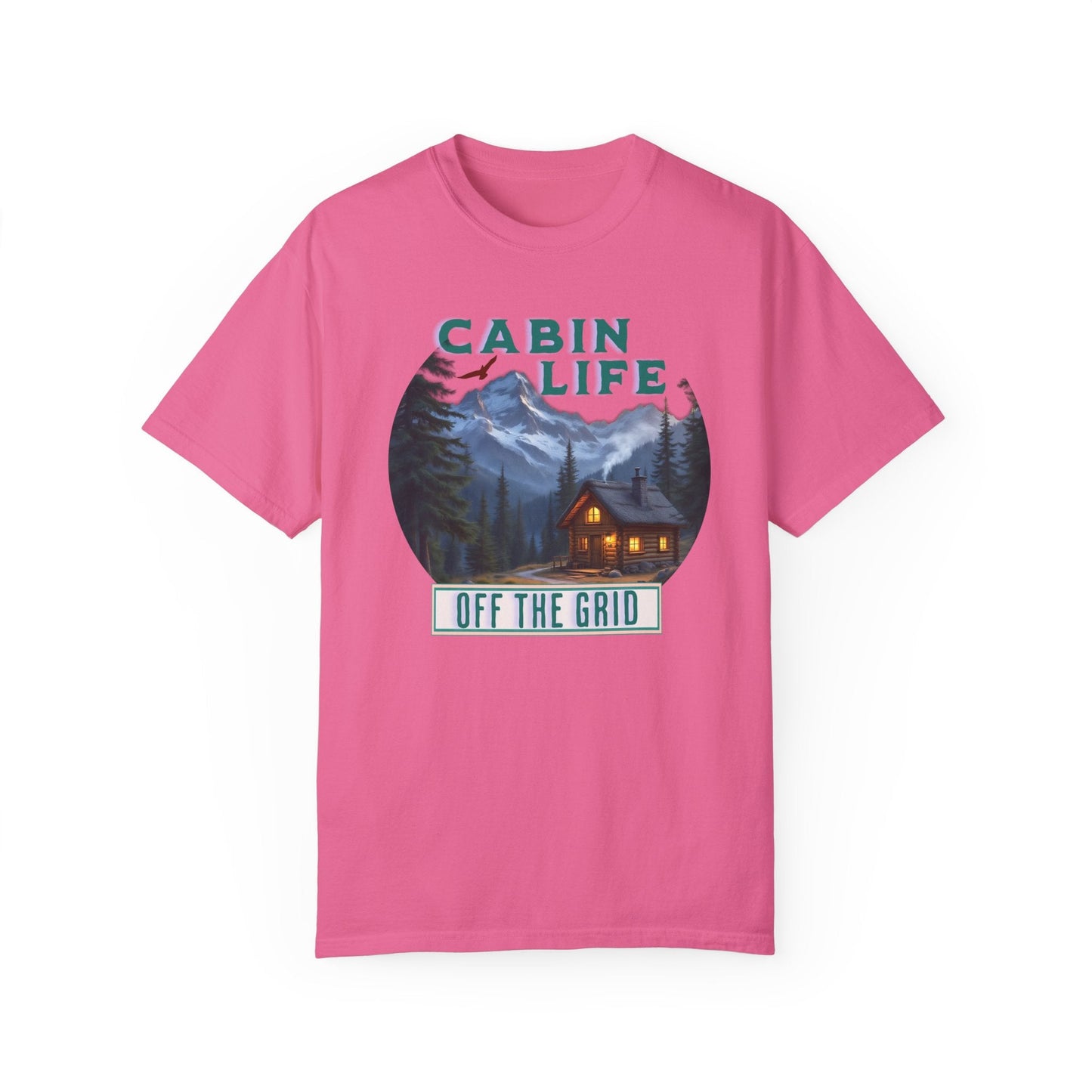 Cabin Life Off The Grid T-Shirt, showcasing double-needle stitching and a relaxed fit, embodies rustic charm and comfort, perfect for outdoor enthusiasts seeking stylish, durable apparel.