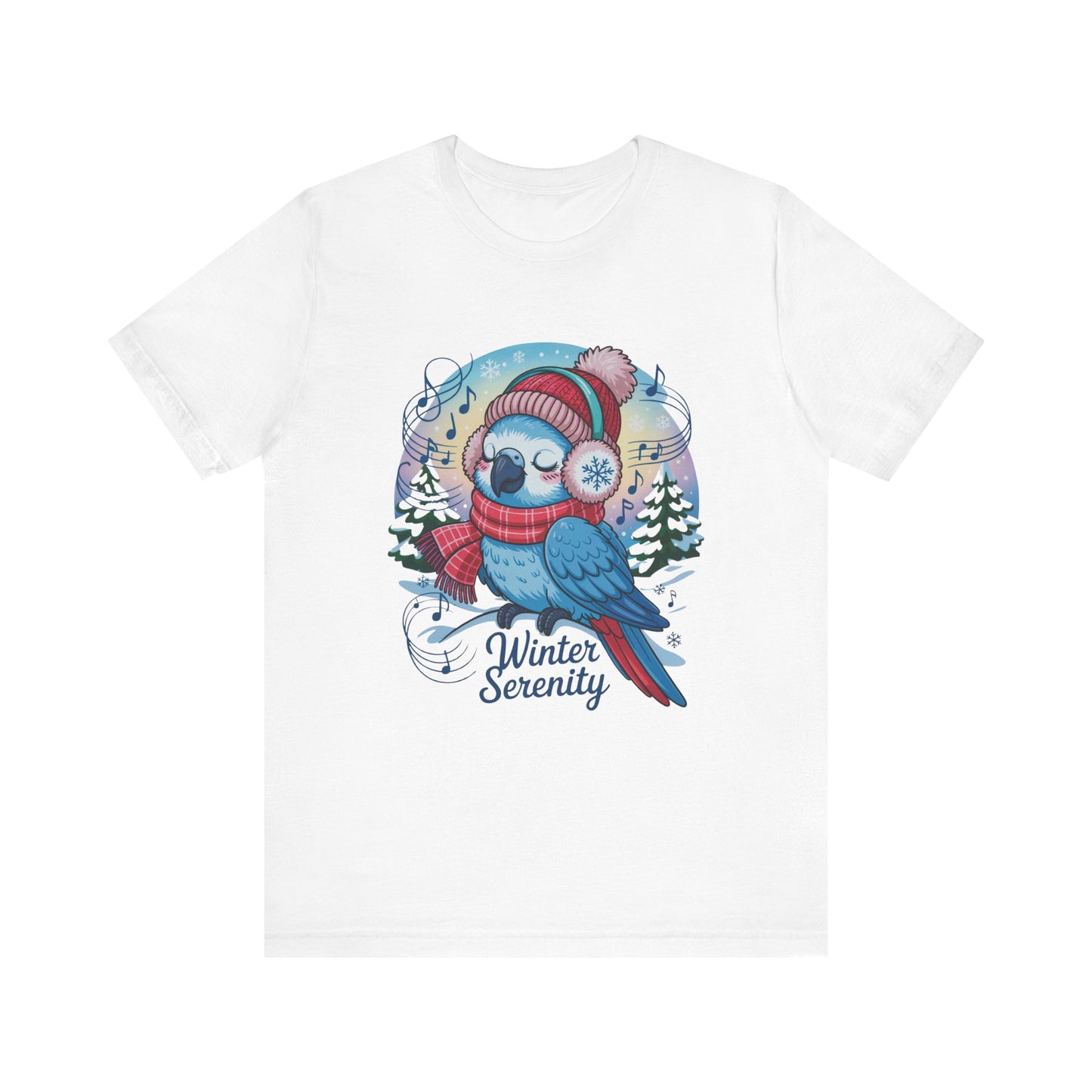 Winter Serenity Cute Baby Parrot Unisex T-Shirt featuring a delightful parrot design, crafted from 100% Airlume cotton. Perfect for casual winter wear, offering comfort and style for bird lovers and nature enthusiasts.