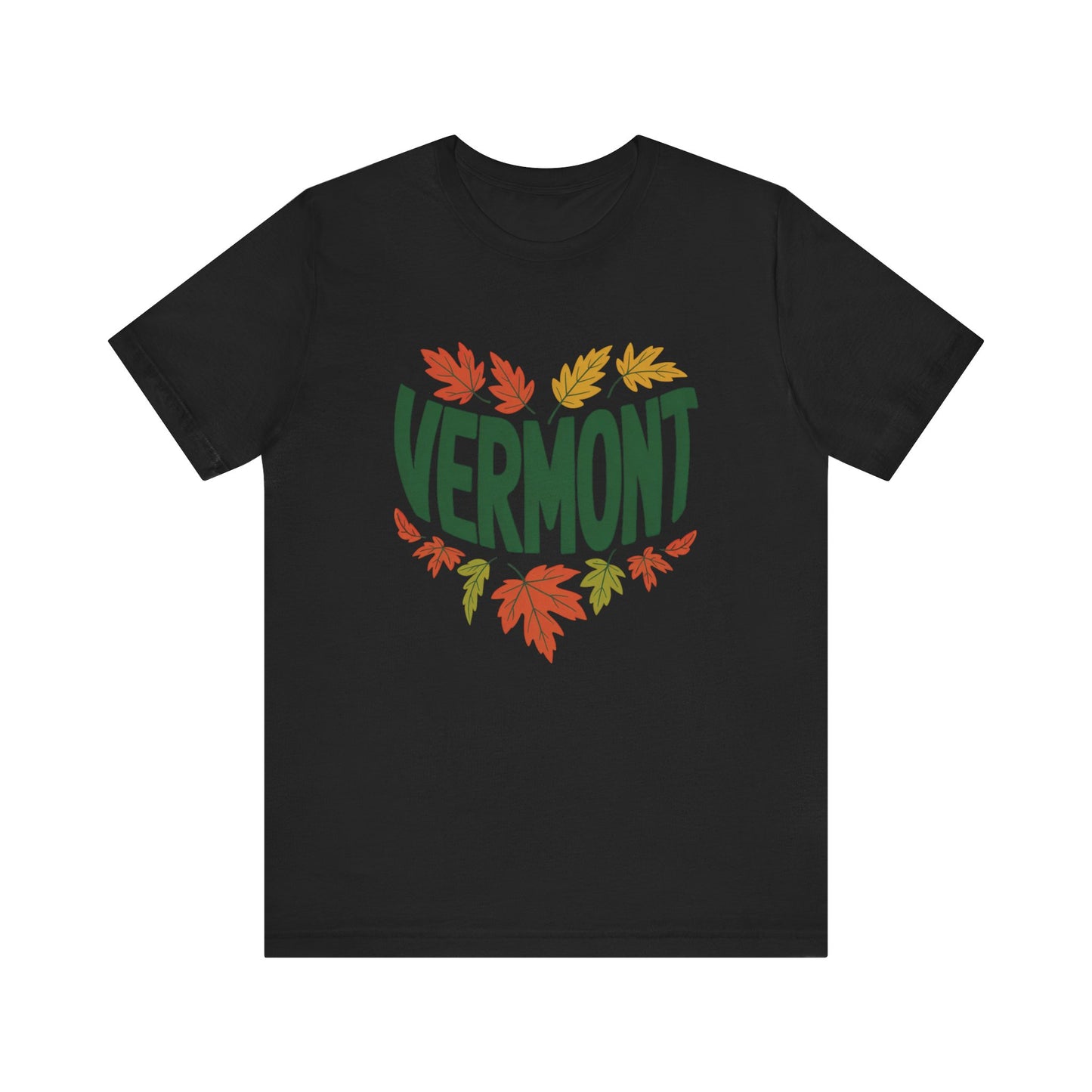 Vermont Love Bella+Canvas Unisex T-Shirt, showcasing its relaxed, outdoorsy design, perfect for nature enthusiasts. Made from 100% Airlume cotton, featuring a ribbed knit collar and shoulder tape for stability.