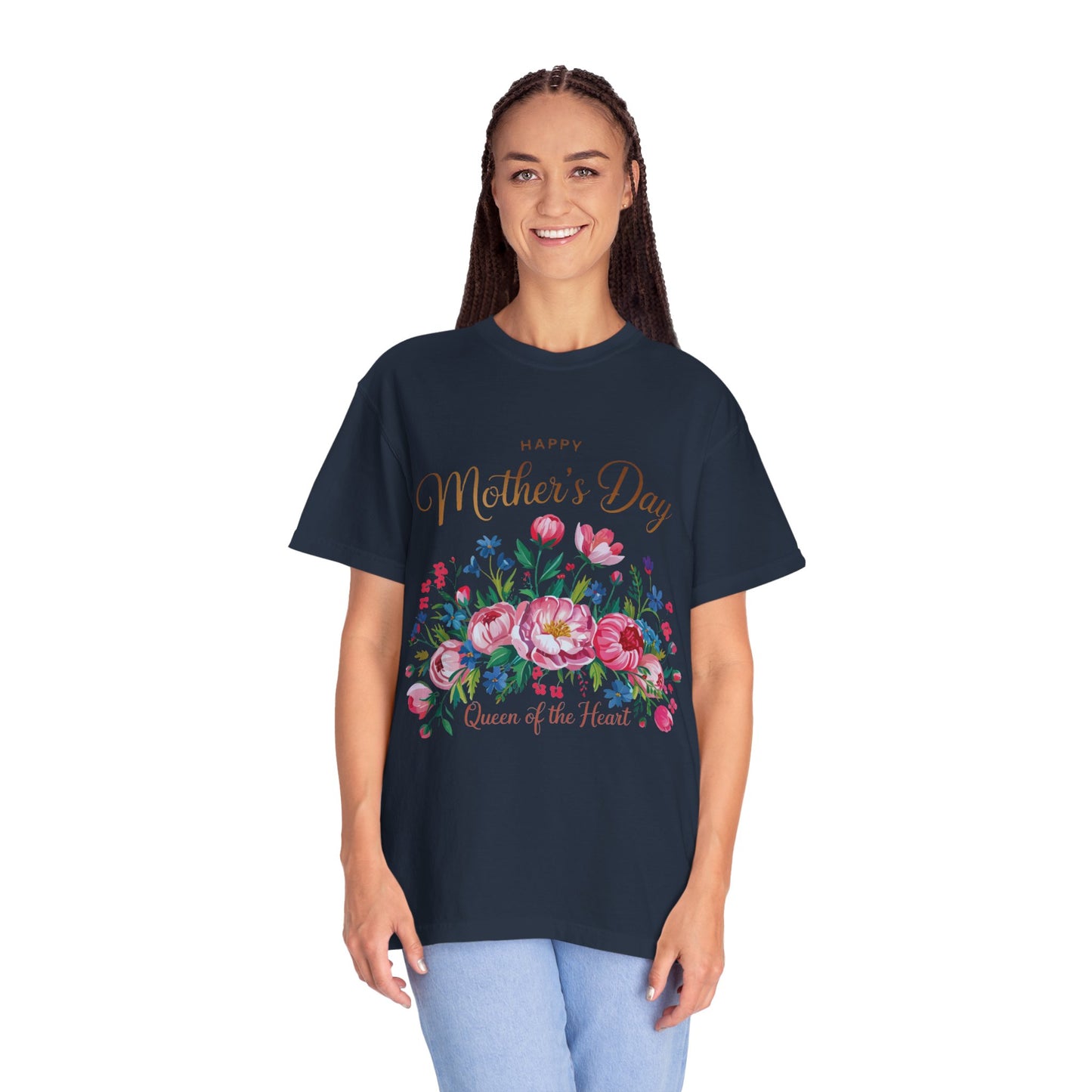 Happy Mother's Day Queen of the Heart T-Shirt, showcasing a classic crew neckline and double-needle stitching, made from soft, ethically sourced US cotton, offering comfort and style for Mother's Day celebrations.