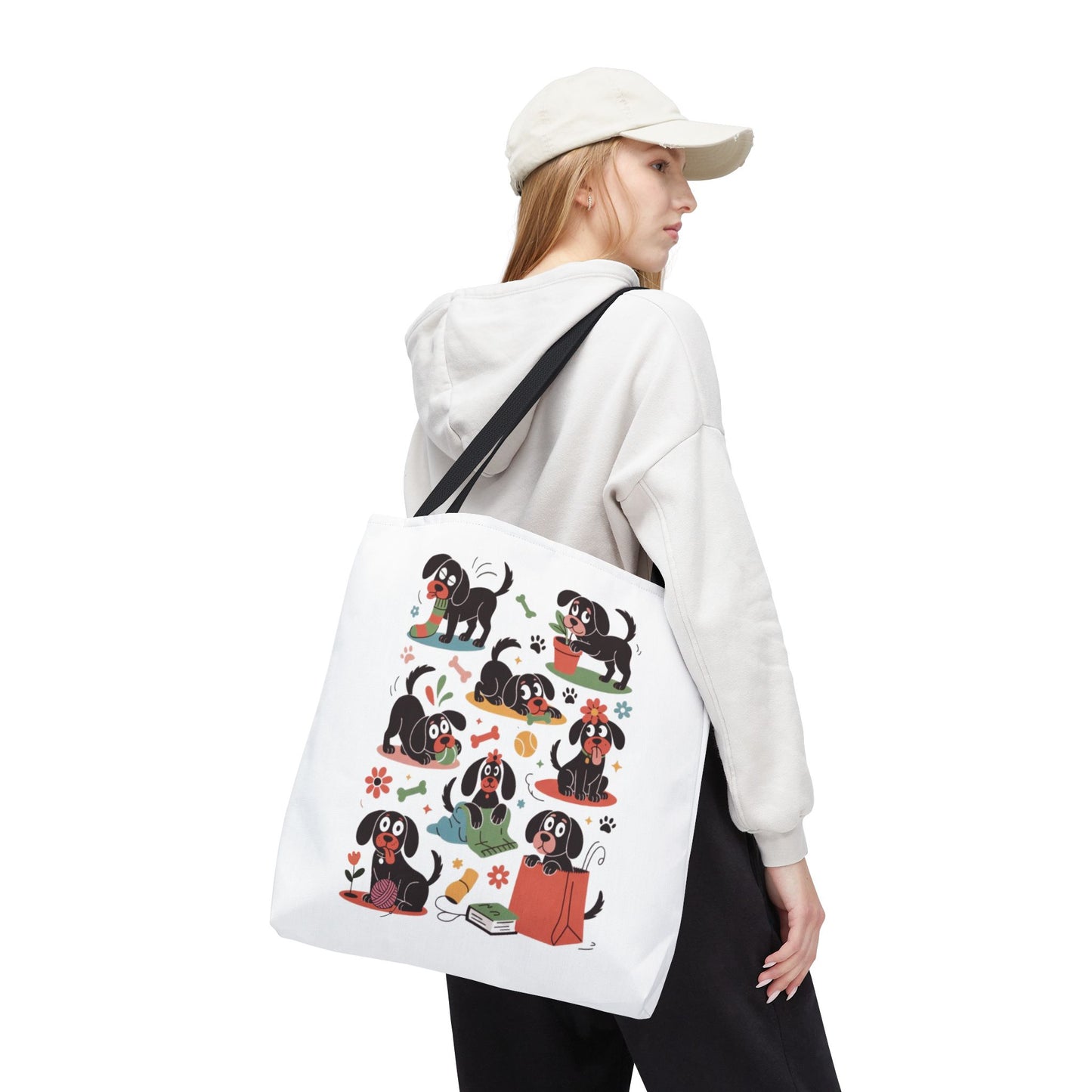 Dog Tote Bag - Playful Cartoon Illustration Design featuring whimsical cartoon dogs with everyday objects, ideal for dog lovers seeking a joyful, reusable shopping accessory. Available in three sizes with reinforced handles.