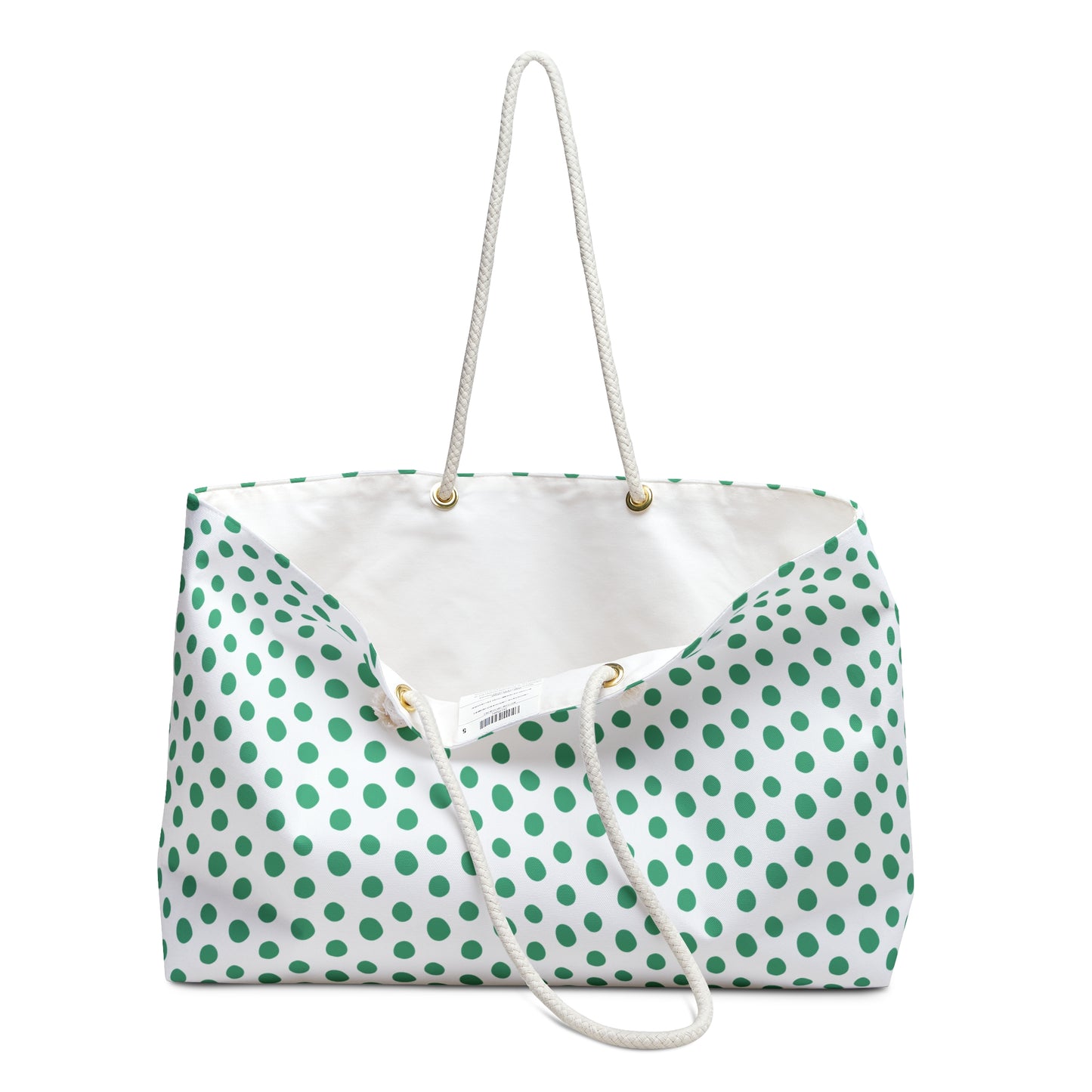 C Weekender Bag Green Polka Dots Travel Tote featuring playful green polka dots, rope handles, and a spacious T-bottom design, perfect for stylish, joyful weekend getaways and short trips.
