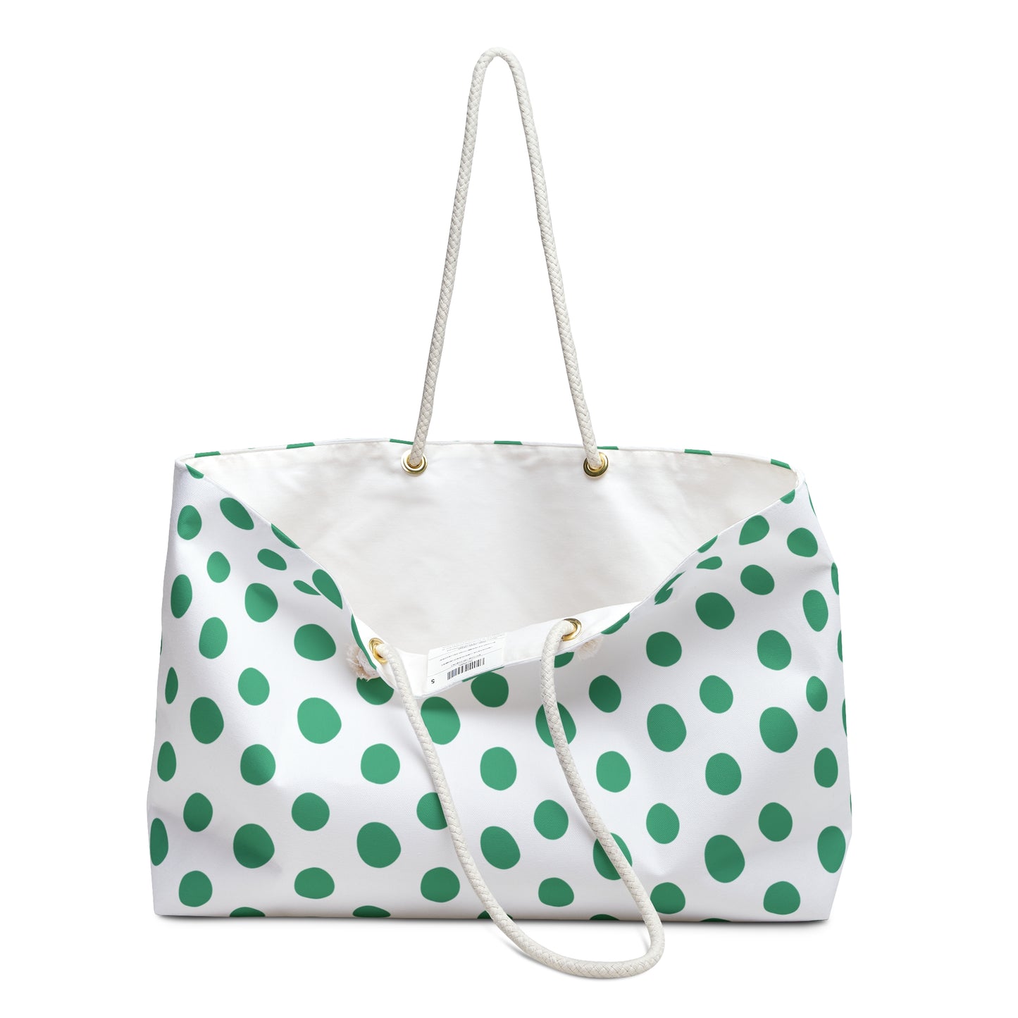 Weekender Bag Green Polka Dots Travel Tote showcases a playful polka dot design on a spacious, stylish shoulder bag, perfect for weekend getaways and aligning with FireBrook Designs' uplifting and joyful ethos.