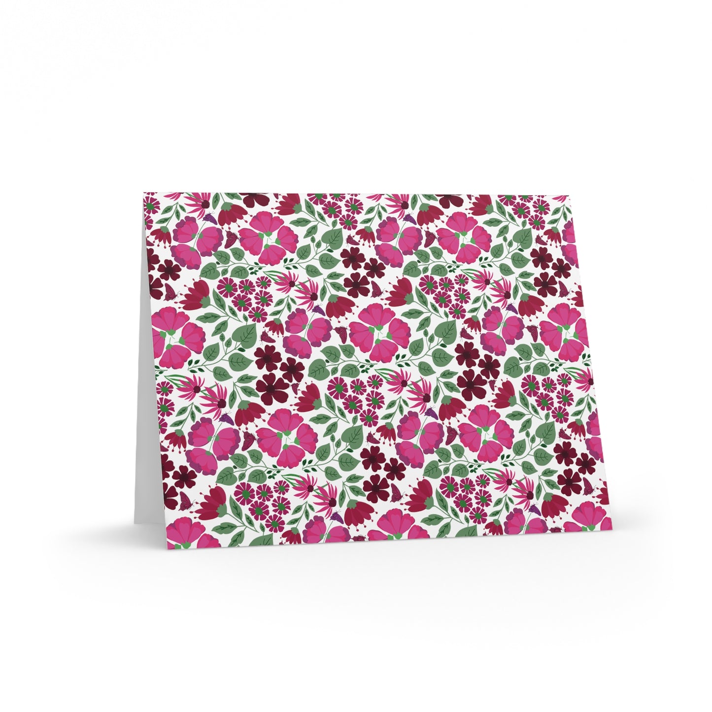 Floral Greeting Cards — Pack of 8/16/24 feature a vibrant, matte-finish floral pattern on the front, with a plain interior. Each comes with a matching envelope, ready for personalized messages.
