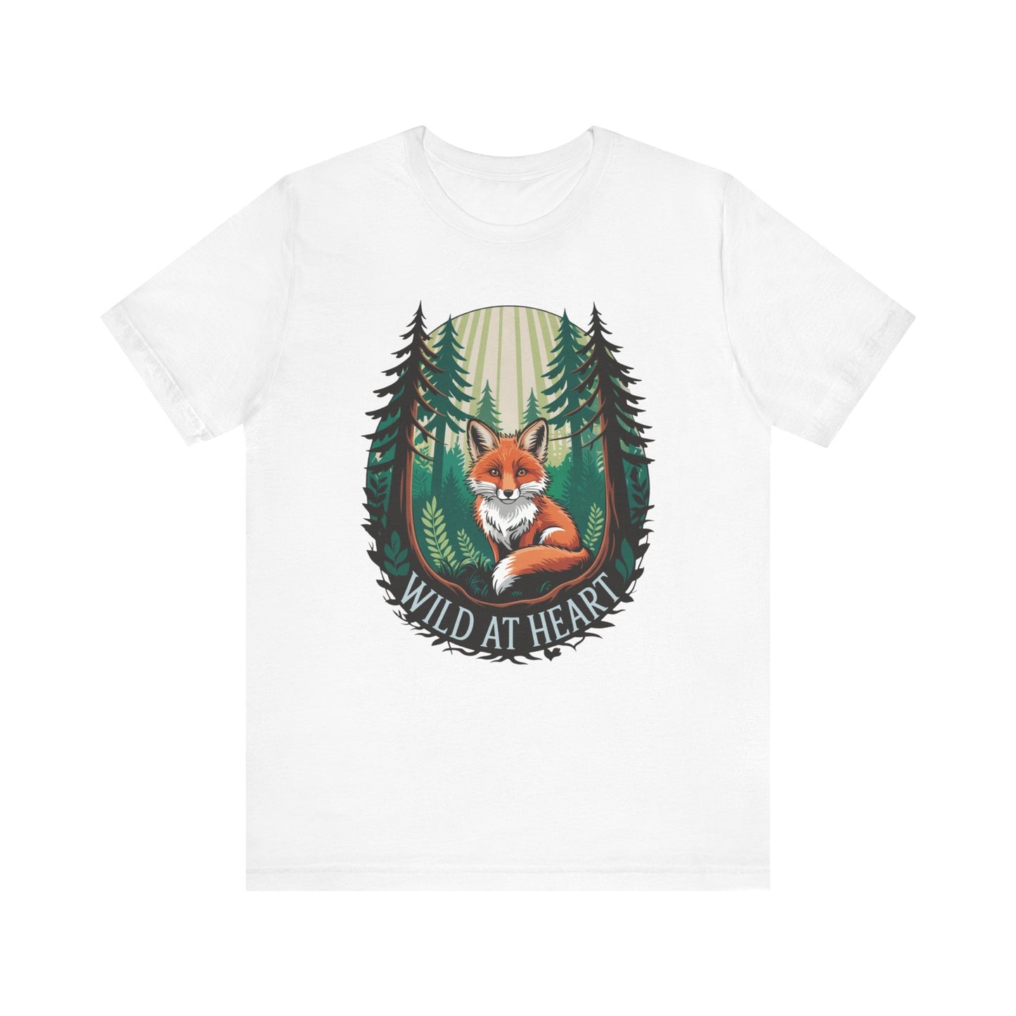 Wild at Heart Fox Illustration Bella+Canvas Unisex T-Shirt featuring a cartoon fox amidst a forest scene, capturing a playful and nature-inspired design on a white, lightweight tee.