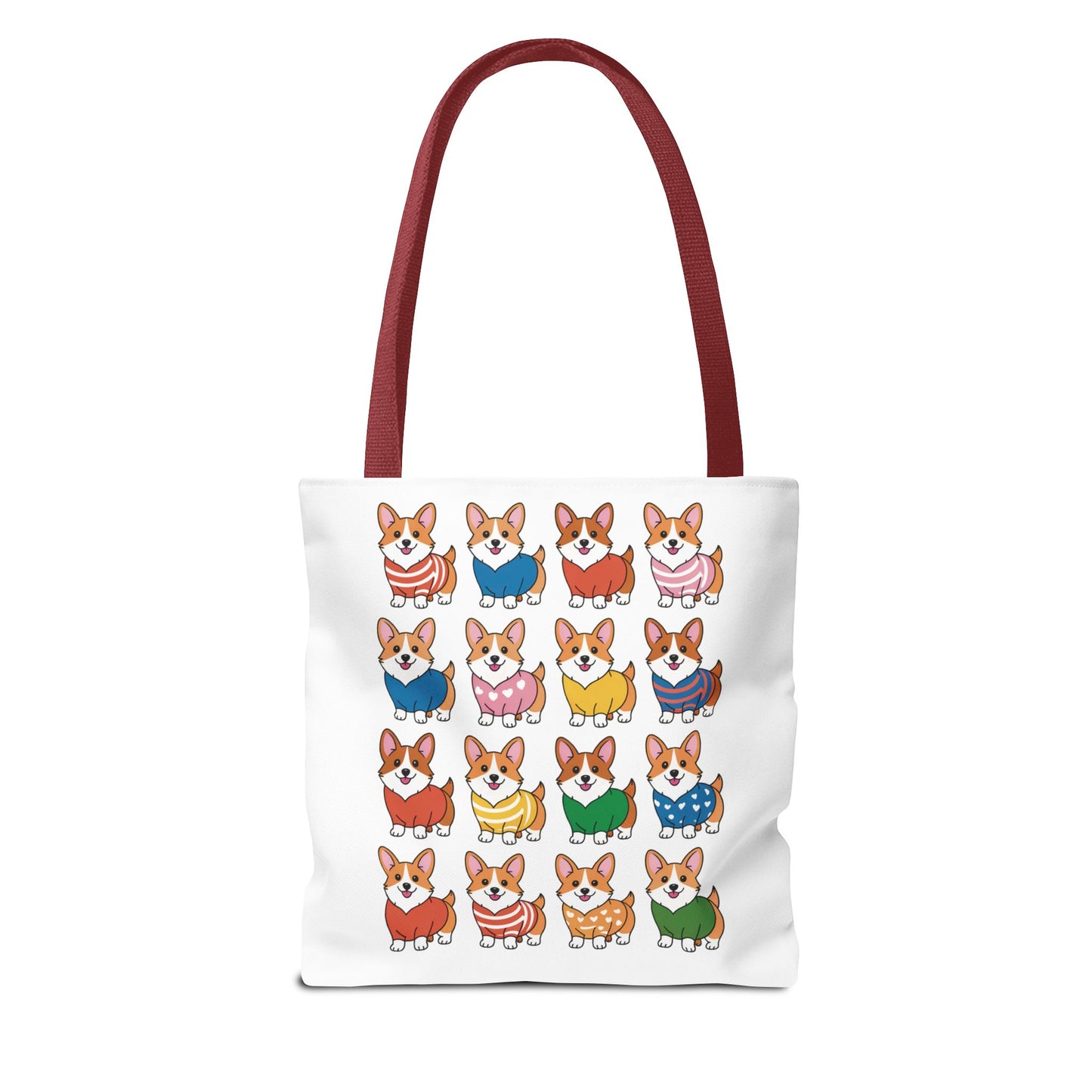 Corgi Grid Tote Bag - Cheerful Cartoon Style Dog Lover Shoulder Bag showcases adorable Corgis in whimsical outfits. Durable polyester with reinforced handles makes it perfect for everyday use by dog enthusiasts.