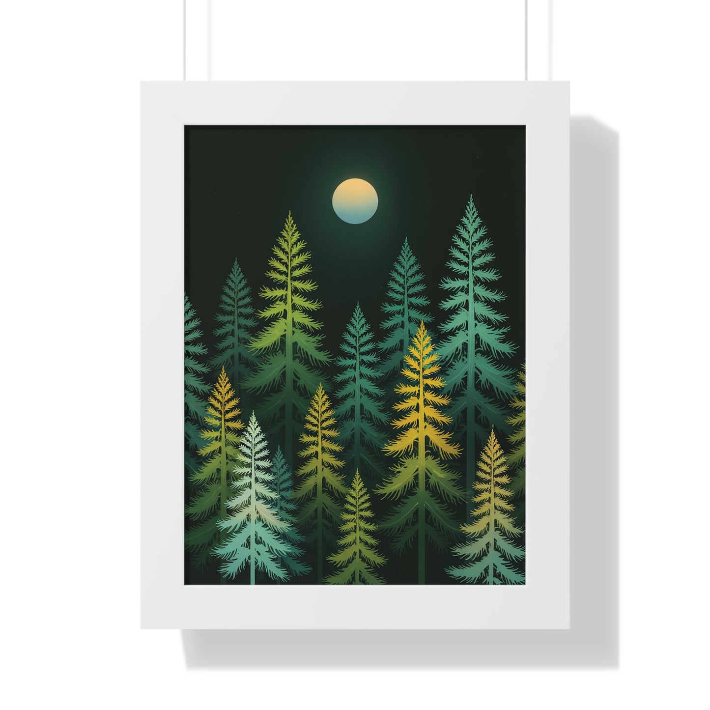 Vertical Forest Poster showcasing a stylized forest with tall, slender pine trees in light green, yellow, and white, framed against a dark backdrop. Ideal for adding a calming, nature-inspired touch.