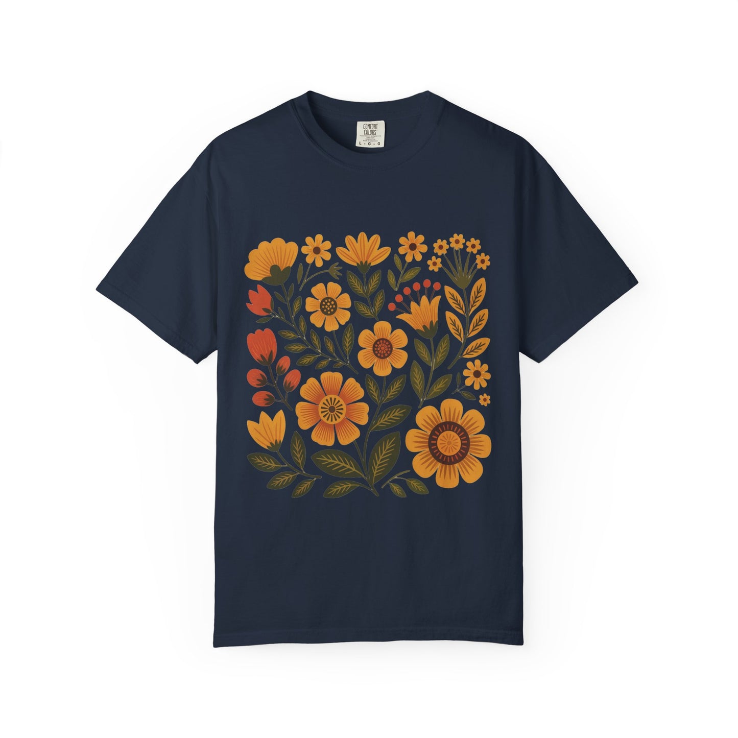 Folk Art in Warm Yellows Floral T-Shirt features an intricate floral design in warm tones, embodying traditional embroidery-inspired artistry. Ideal for casual wear, it offers a relaxed fit and crew neckline.