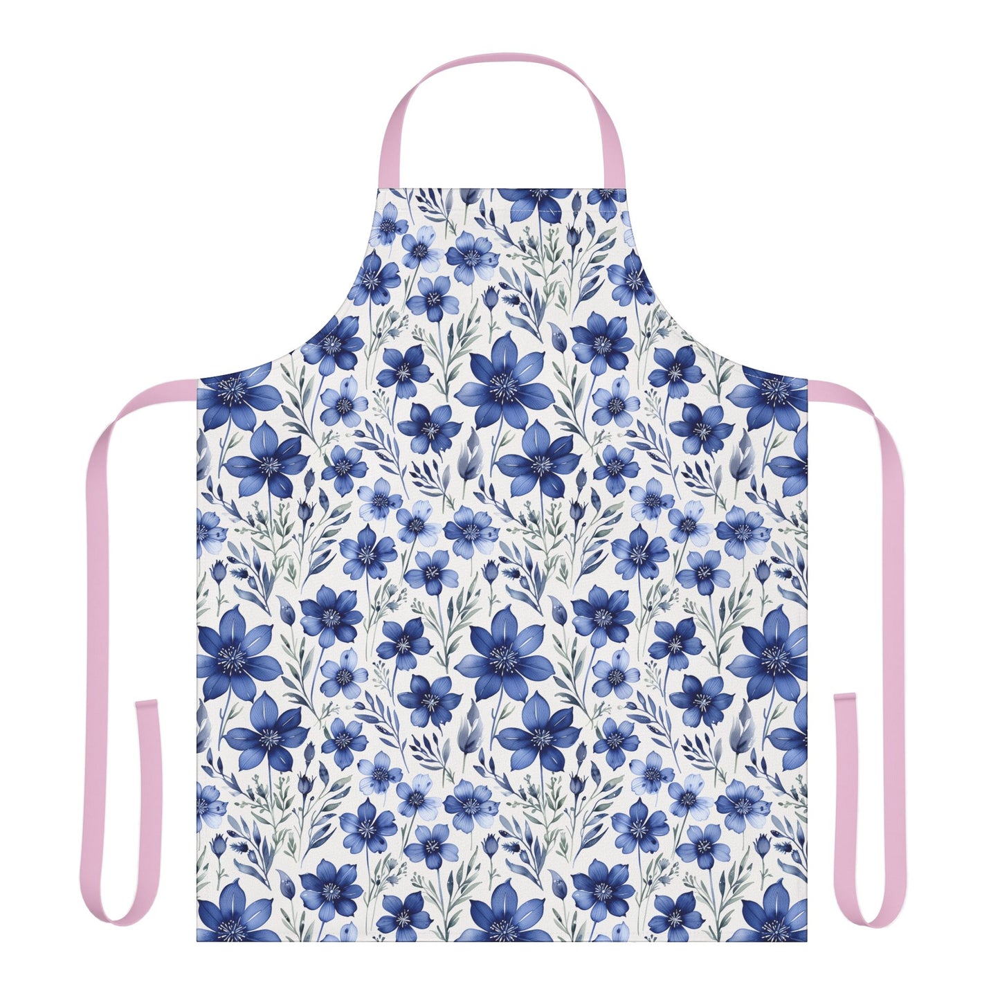 Apron, Blue Wildflower Pattern: A hand-painted indigo blue apron with a delicate wildflower design, featuring a tie-back closure and stain-free fabric. Ideal for creative individuals seeking comfort and style.