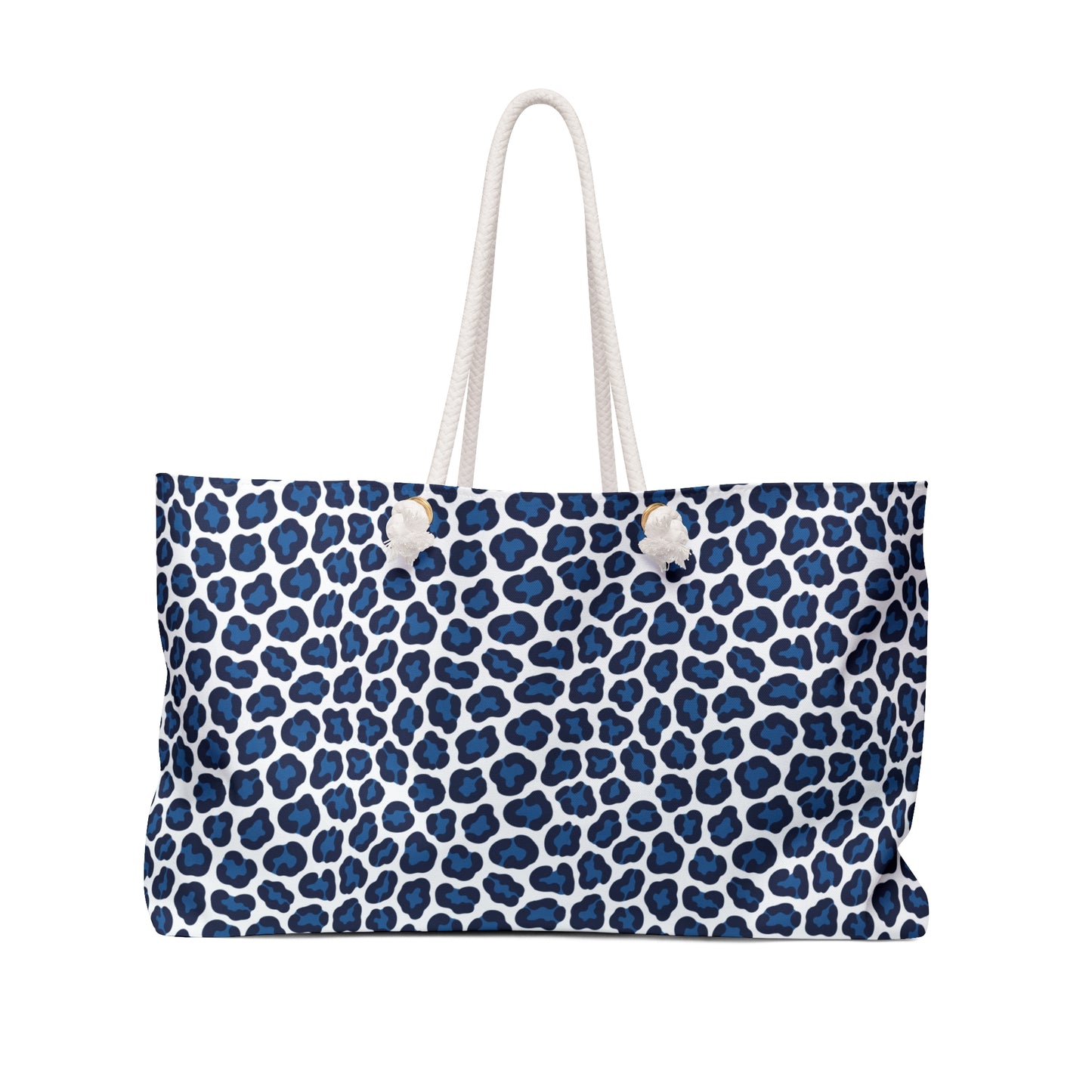 Weekender Bag Blue Cheetah Print: A stylish, spacious tote with a blue and white leopard pattern, featuring 27 rope handles and gold grommets, ideal for adventurous, fashion-forward travelers.