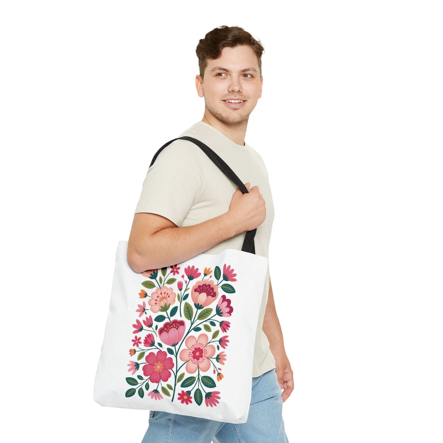 Pink Floral Folk-Art Style Tote Bag: A vibrant polyester tote with organic floral illustrations in pink hues, dusty green leaves, and navy accents. Ideal for everyday use, reflecting FireBrook Essentials' uplifting, joyful design ethos.