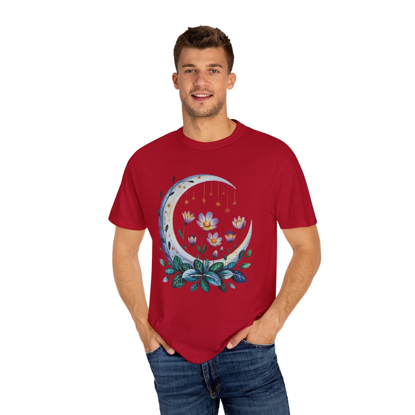 Crescent Moon Floral T-Shirt featuring a bohemian design with floral accents, embodying a relaxed, dreamy vibe. Ideal for nature lovers, crafted with durable stitching and soft, ethically sourced cotton.