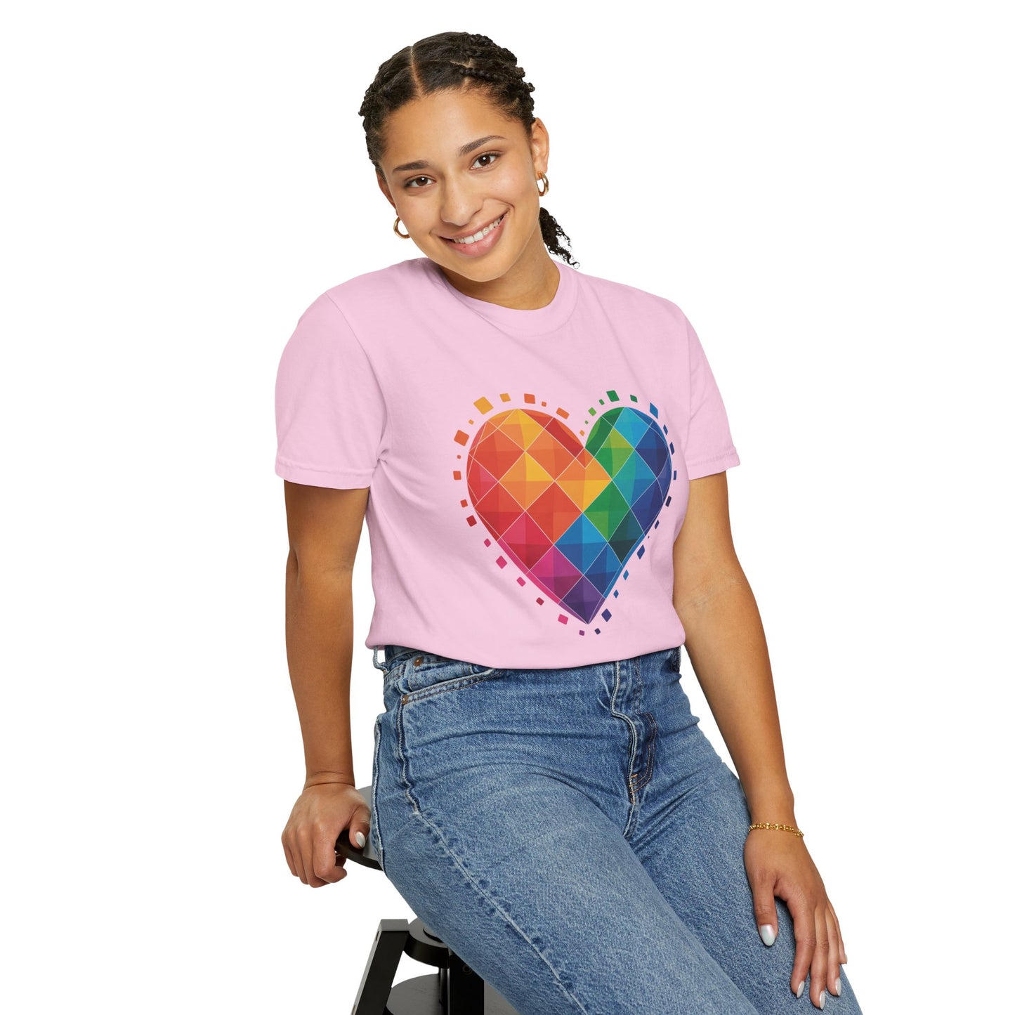 Rainbow Geometric Heart T-Shirt featuring a vibrant heart-shaped design with overlapping translucent squares, offering a dynamic, modern look. Ideal for casual wear or special occasions, showcasing FireBrook Essentials' uplifting style.