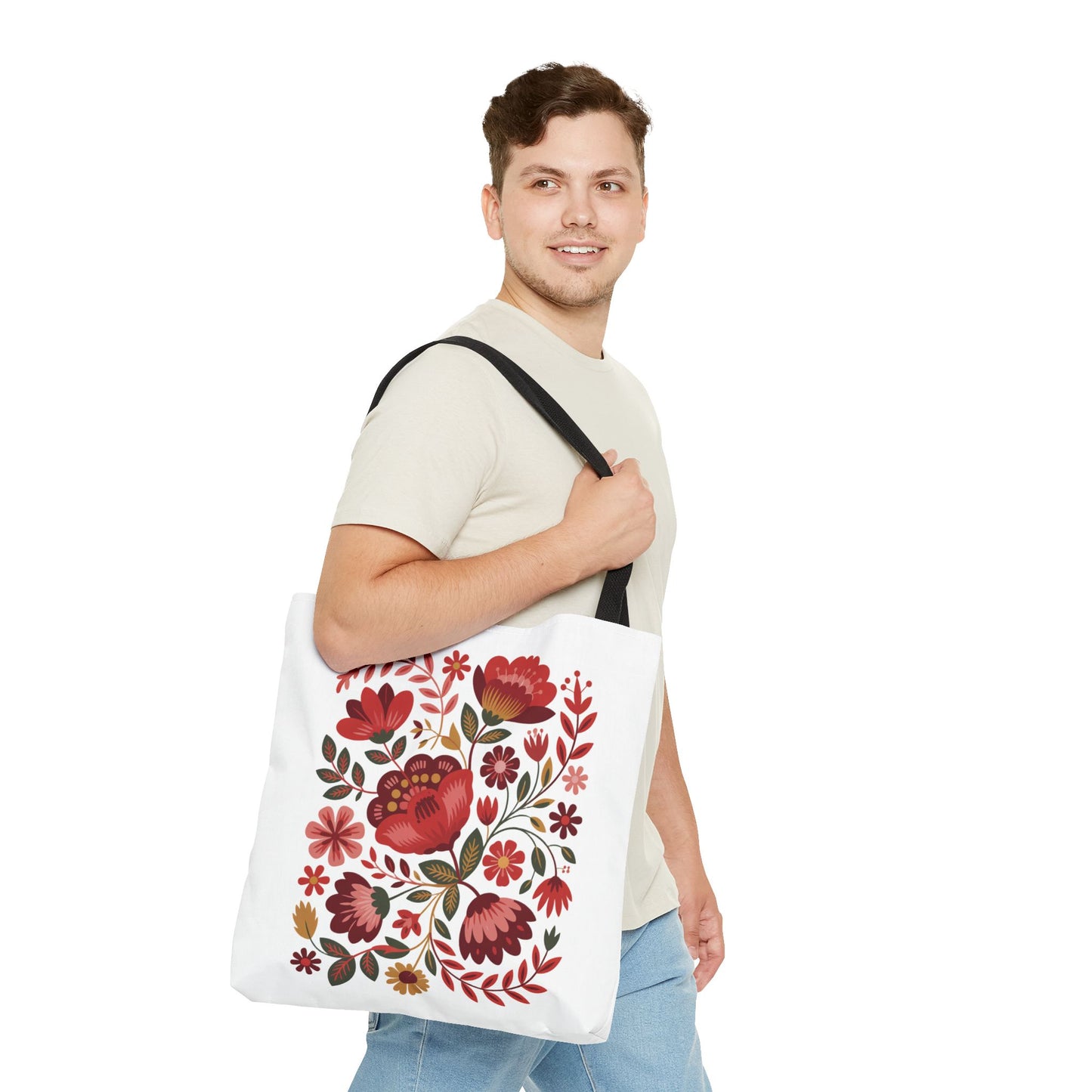 Red Floral Folk-Art Style Tote Bag featuring a vibrant organic floral illustration with bold red and soft blush flowers, complemented by green leaves. Ideal for carrying essentials, embodying FireBrook Essentials' uplifting design ethos.