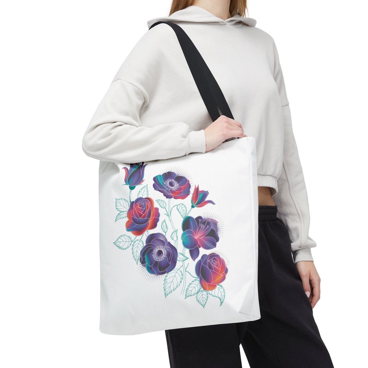 Vibrant Rose, Anemone, Lily Silhouettes Neon Floral Tote Bag with reinforced handles and boxed corners, perfect for adding style and color to daily essentials, ideal for flower lovers and casual outings.