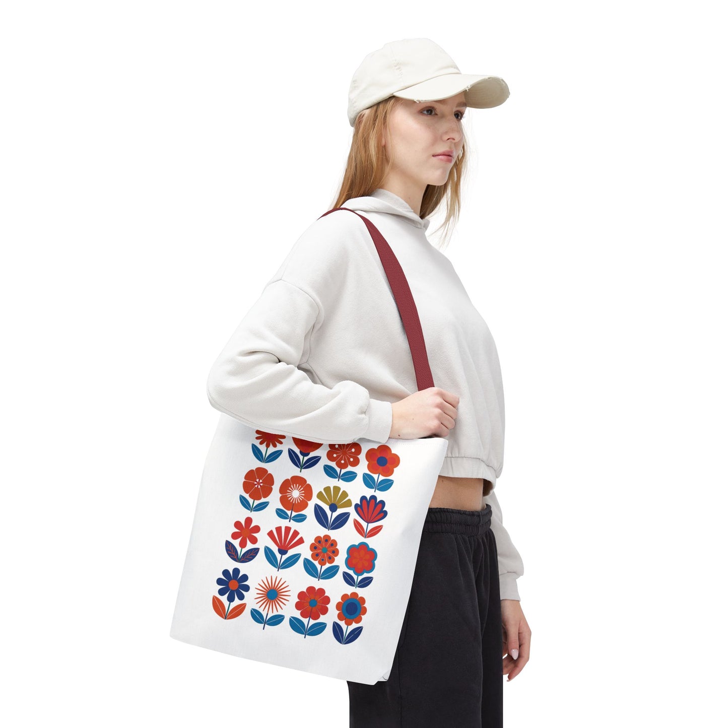 Floral Tote Bag with mid-century modern floral design, showcasing durable polyester, reinforced stitching, and boxed corners. Ideal for fashion-forward individuals, available in three sizes from FireBrook Essentials.