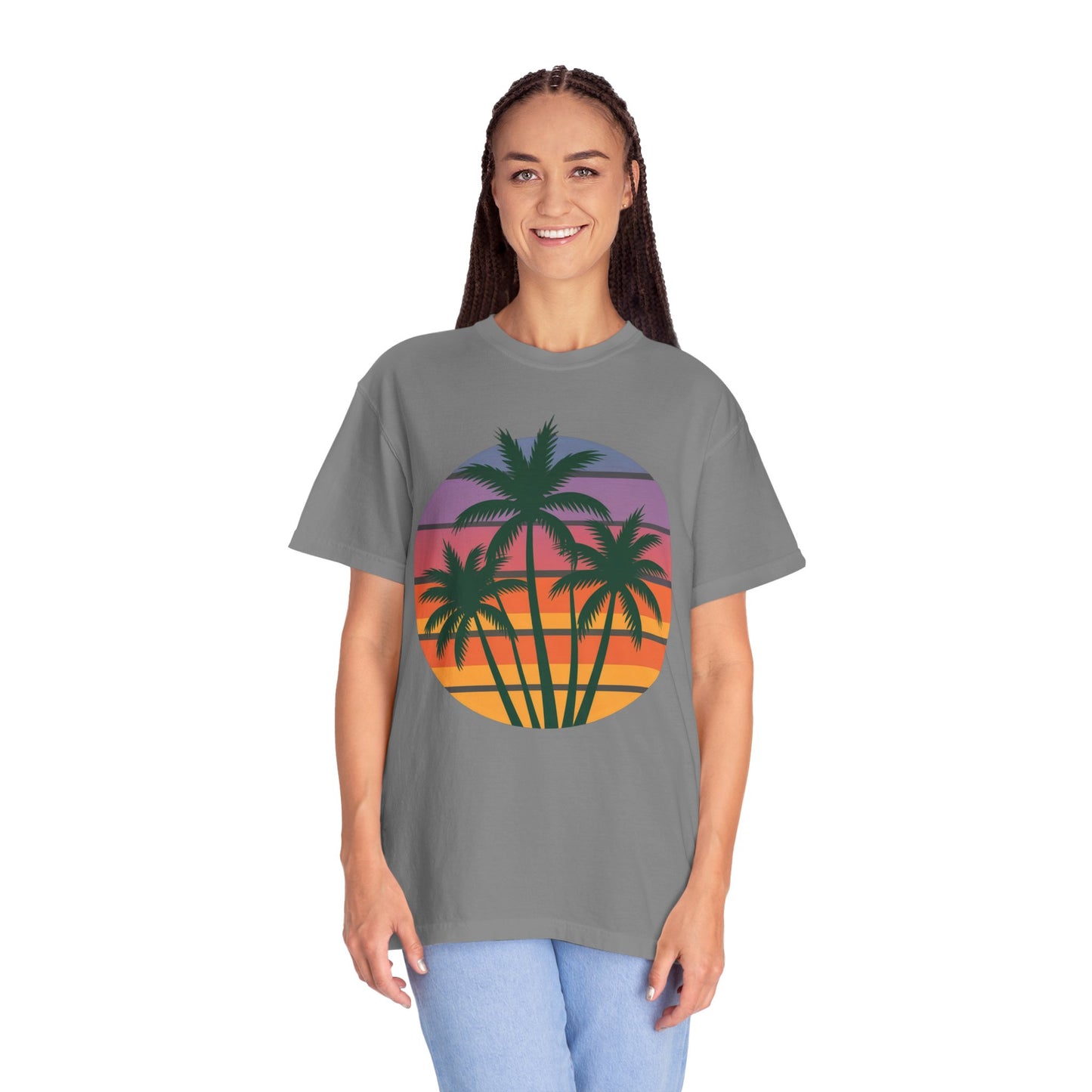 Palm Tree Sunset T-shirt showcasing vibrant palm silhouettes against a sunset, exuding a tropical vibe. Ideal for beach trips and casual outings, aligning with FireBrook Essentials' uplifting, stylish apparel ethos.