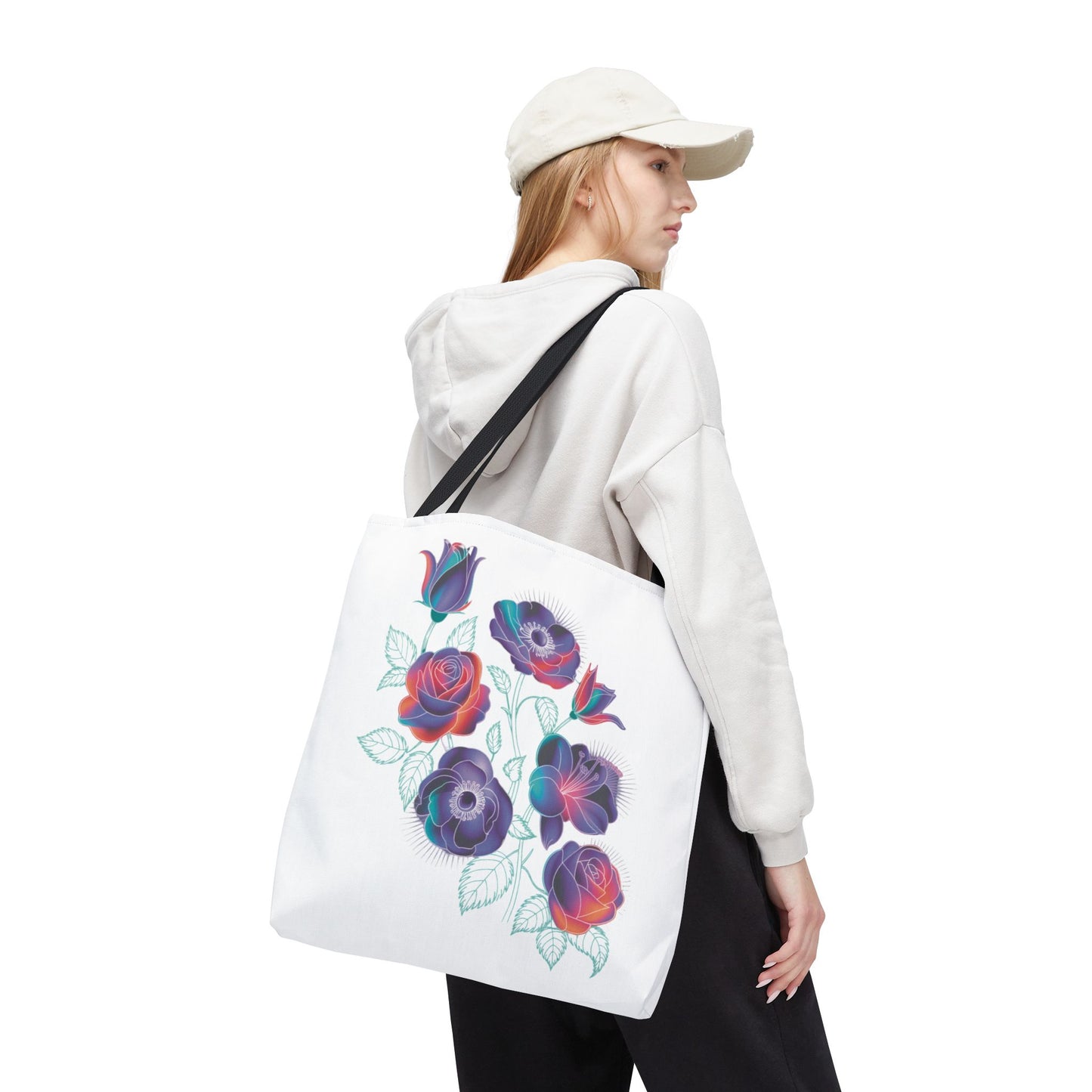 Vibrant Rose, Anemone, Lily Silhouettes Neon Floral Tote Bag featuring neon floral designs on a sturdy polyester body, perfect for flower enthusiasts seeking a stylish, durable accessory for everyday use.