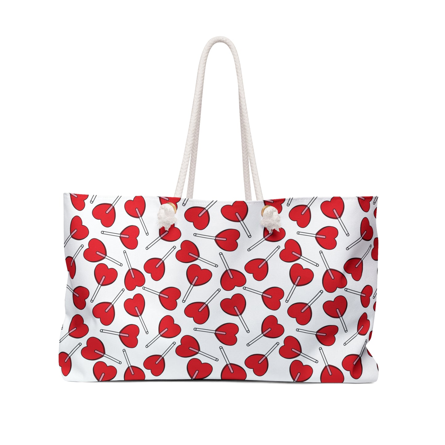 Weekender Bag - Heart Lollipops Design: A playful white shoulder bag adorned with red heart lollipops, featuring durable rope handles and ample storage, perfect for romantic getaways or joyful travel experiences.