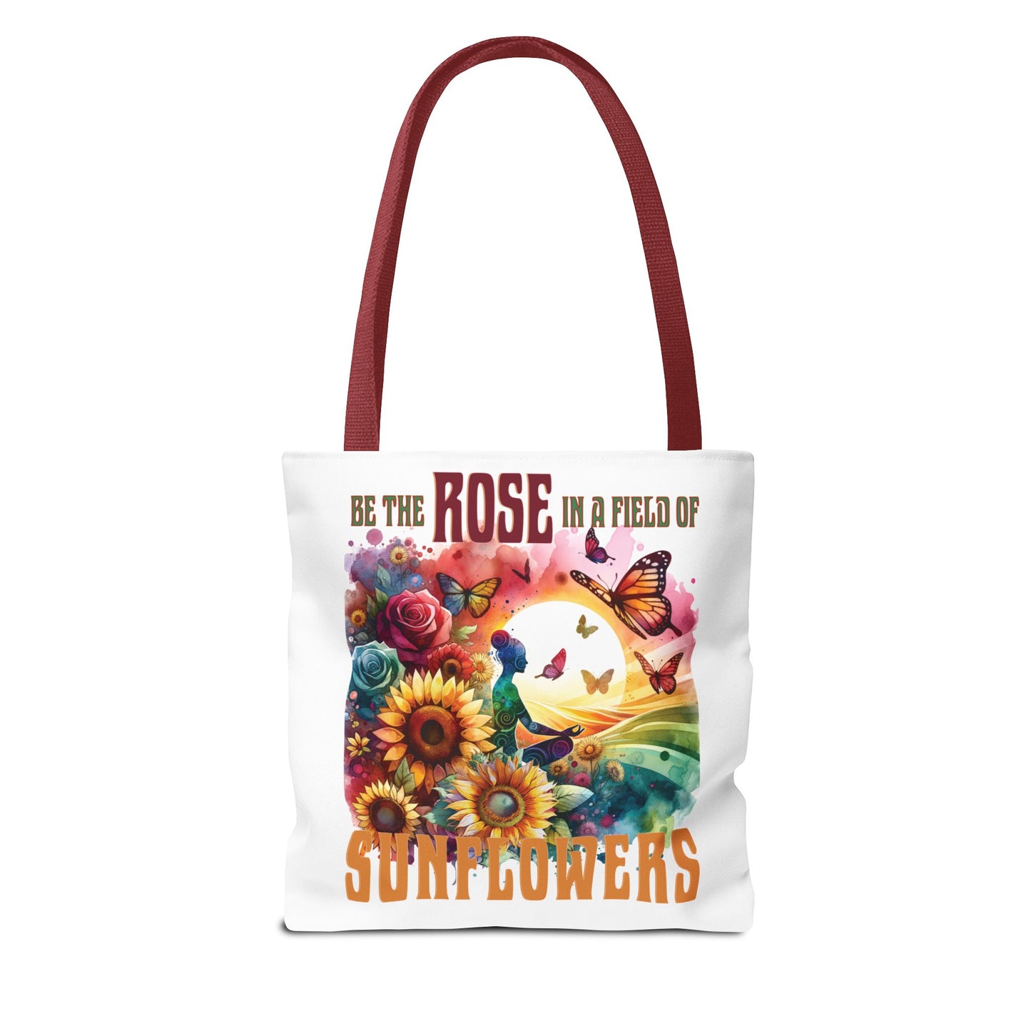 Be the Rose in a Field of Sunflowers Tote Bag featuring floral and butterfly design, ideal for stylish, nature-inspired everyday use.
