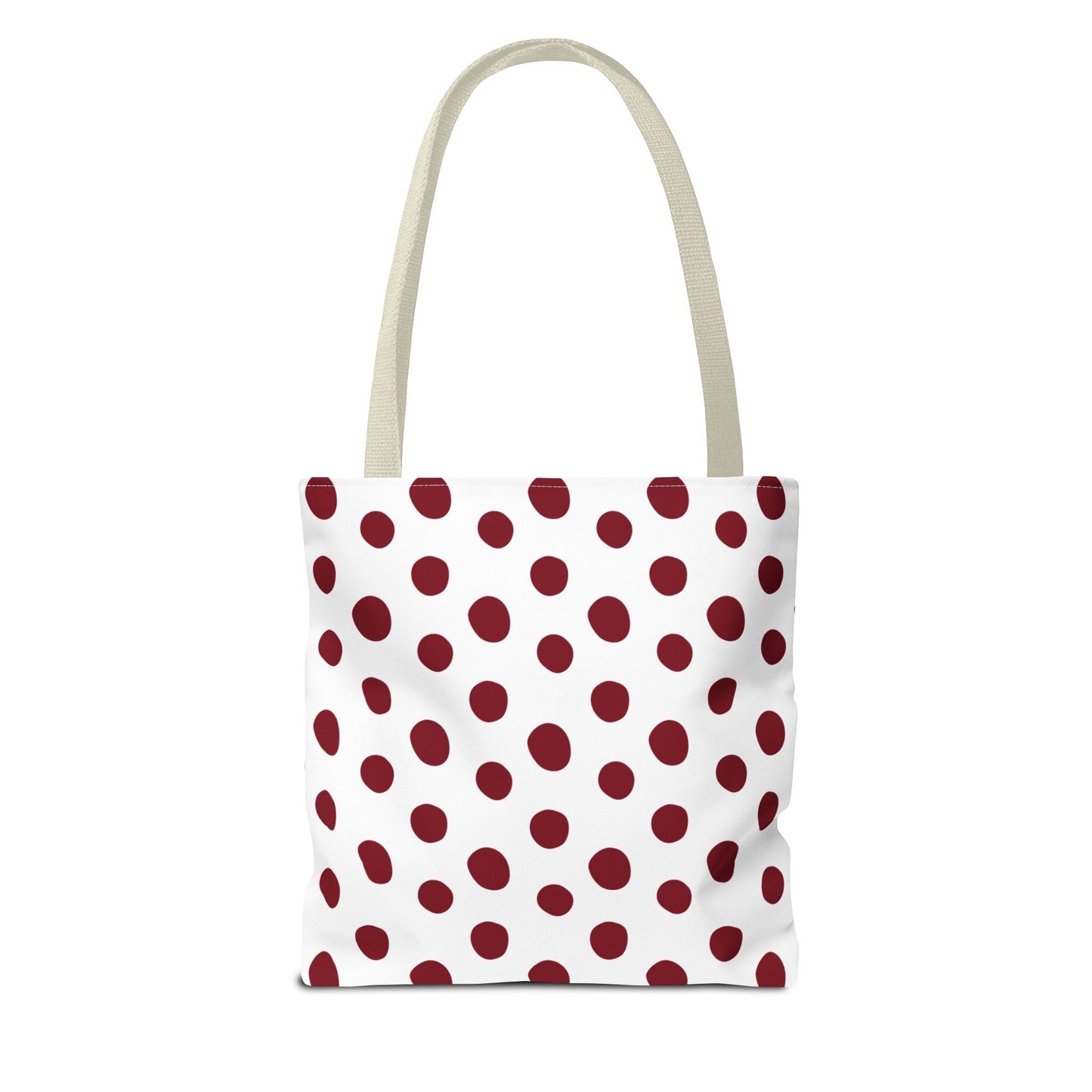 Burgundy Polka Dots Tote Bag with white and red design, featuring durable polyester fabric, reinforced handles, and boxed corners. Ideal for everyday use, reflecting FireBrook Essentials' focus on style and practicality.