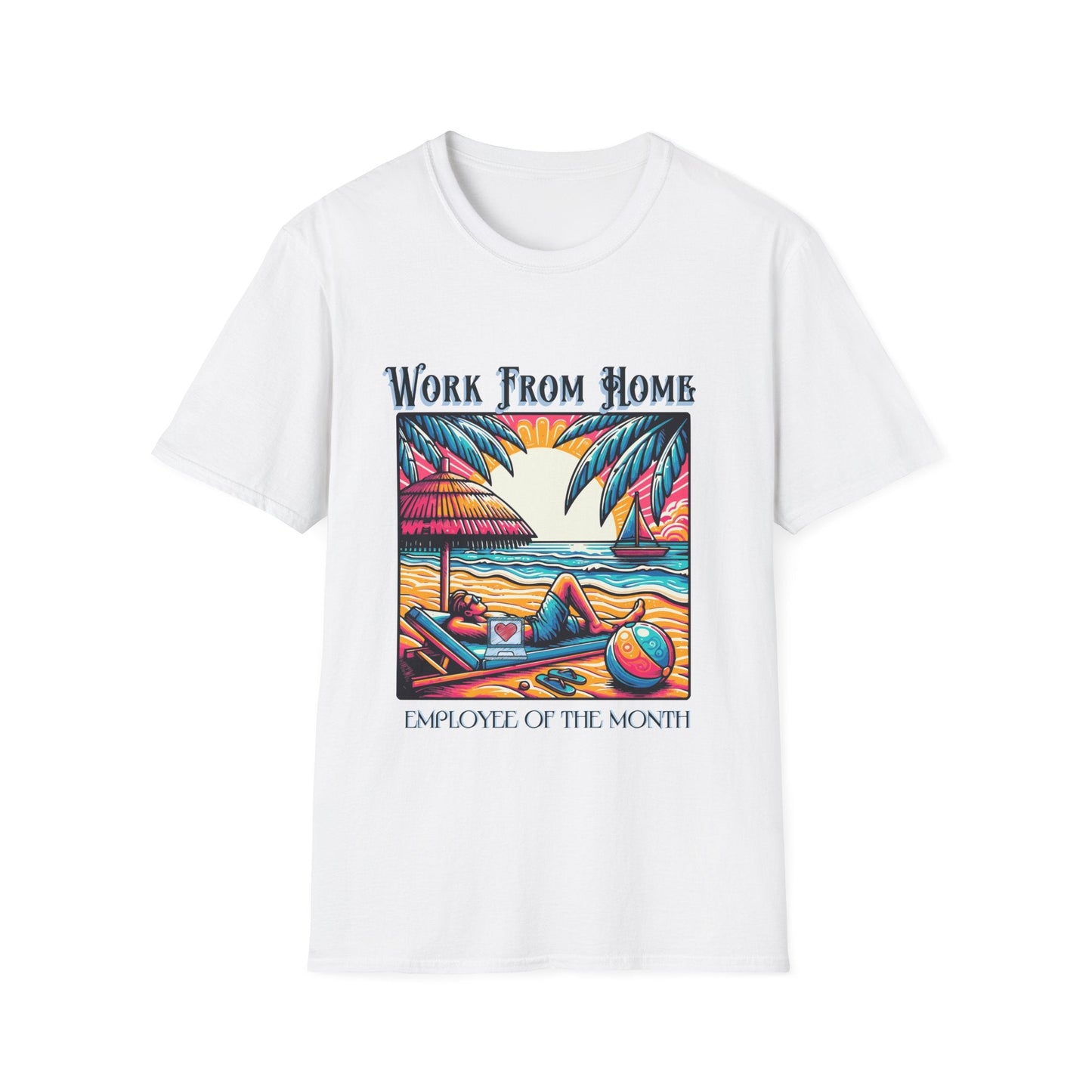 Work From Home Employee of the Month T-Shirt showcasing casual style and humor, featuring a classic crew neckline and smooth 100% cotton fabric, ideal for remote work milestones.