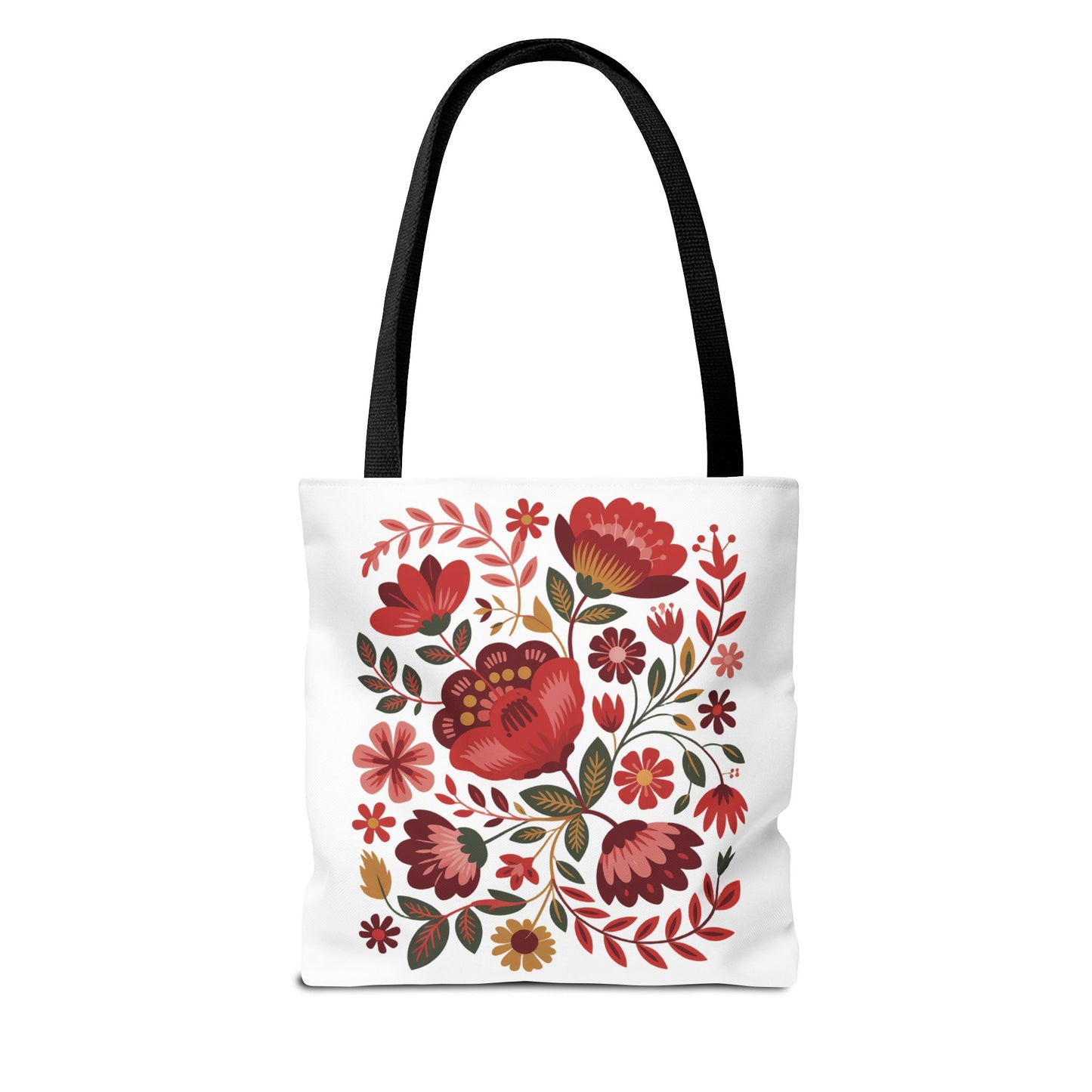 Red Floral Folk-Art Style Tote Bag features vibrant red, blush, and blue flowers with green leaves, capturing a lively folk-art aesthetic. Ideal for nature lovers and everyday use, available at FireBrook Essentials.