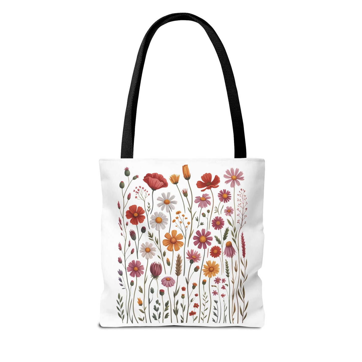 Wildflowers Tote Bag featuring a calming floral design, perfect for everyday use and crafted from durable polyester with reinforced handles. Ideal for nature lovers and fits seamlessly into FireBrook Essentials' joyful collection.