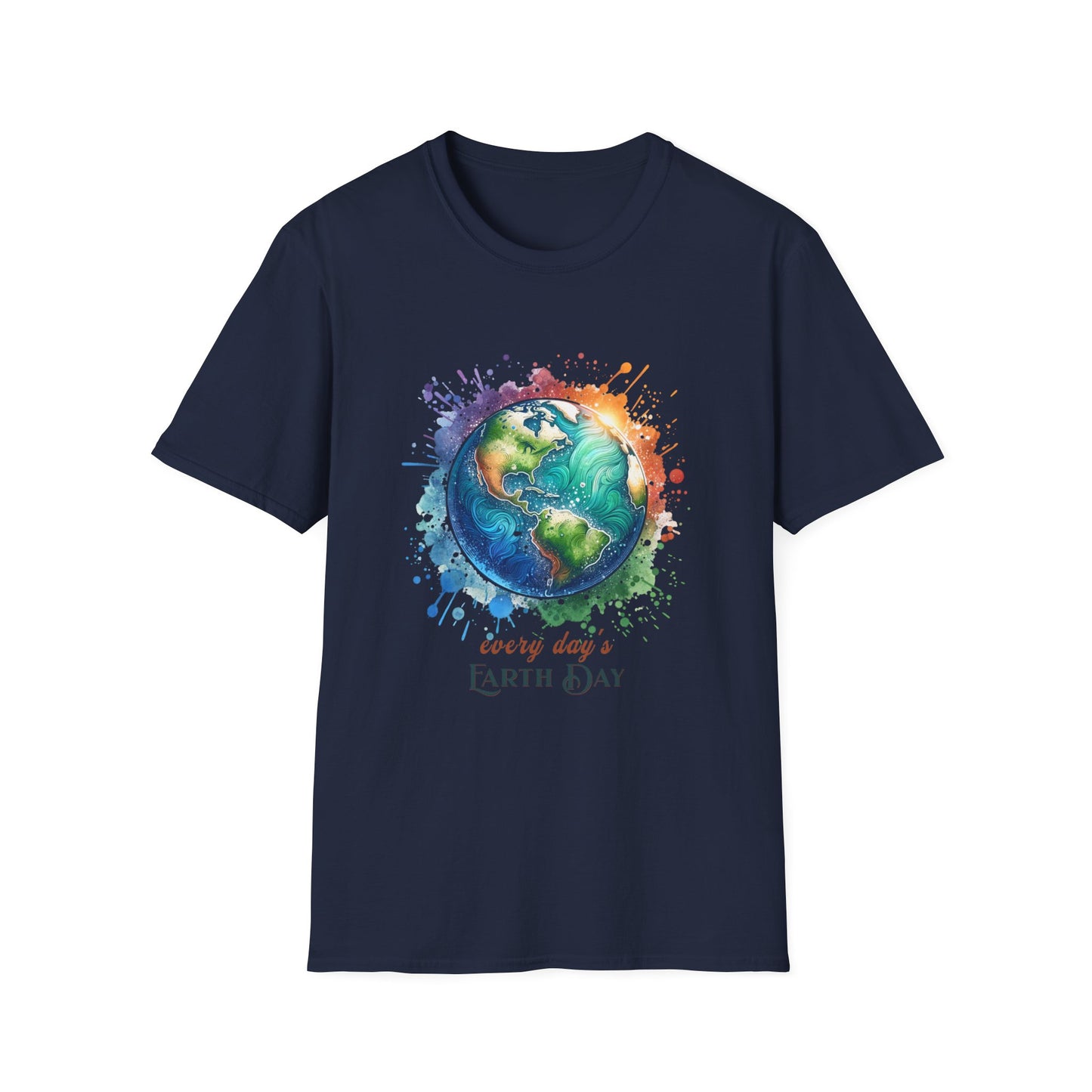 Every Day is Earth Day Gildan Unisex T-Shirt featuring a vibrant Earth illustration, highlighting sustainability. Ideal for showcasing environmental commitment with a classic fit and crew neckline.