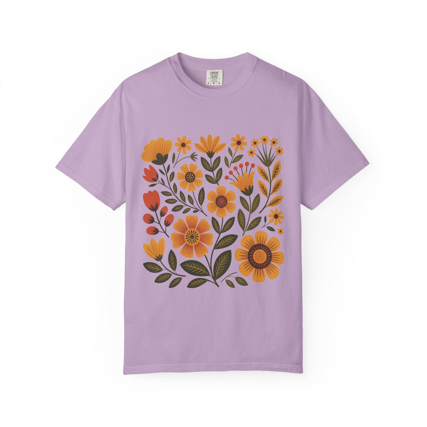 Folk Art in Warm Yellows Floral T-Shirt, featuring an artistic folk art floral design in earth tones, offers a relaxed fit and crew neckline, ideal for casual and artistic styling.