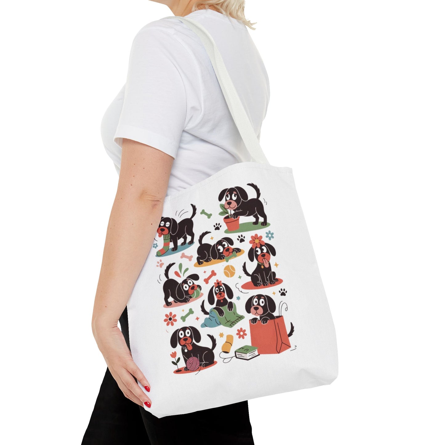 Dog Tote Bag - Playful Cartoon Illustration Design features hand-drawn cartoon dogs with everyday objects, ideal for dog lovers seeking a whimsical, durable accessory perfect for shopping or gifting.