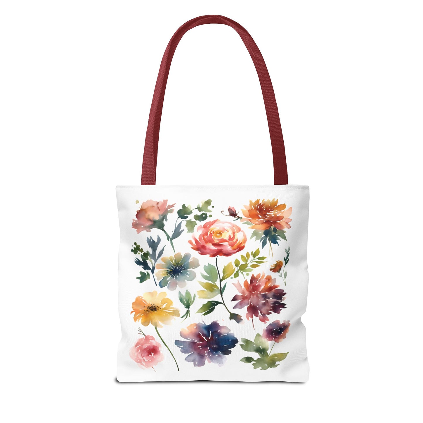 Watercolor Floral Tote Bag featuring vibrant flower painting, ideal for daily use with durable construction and personalized handle options. Perfect for adding charm to everyday errands.