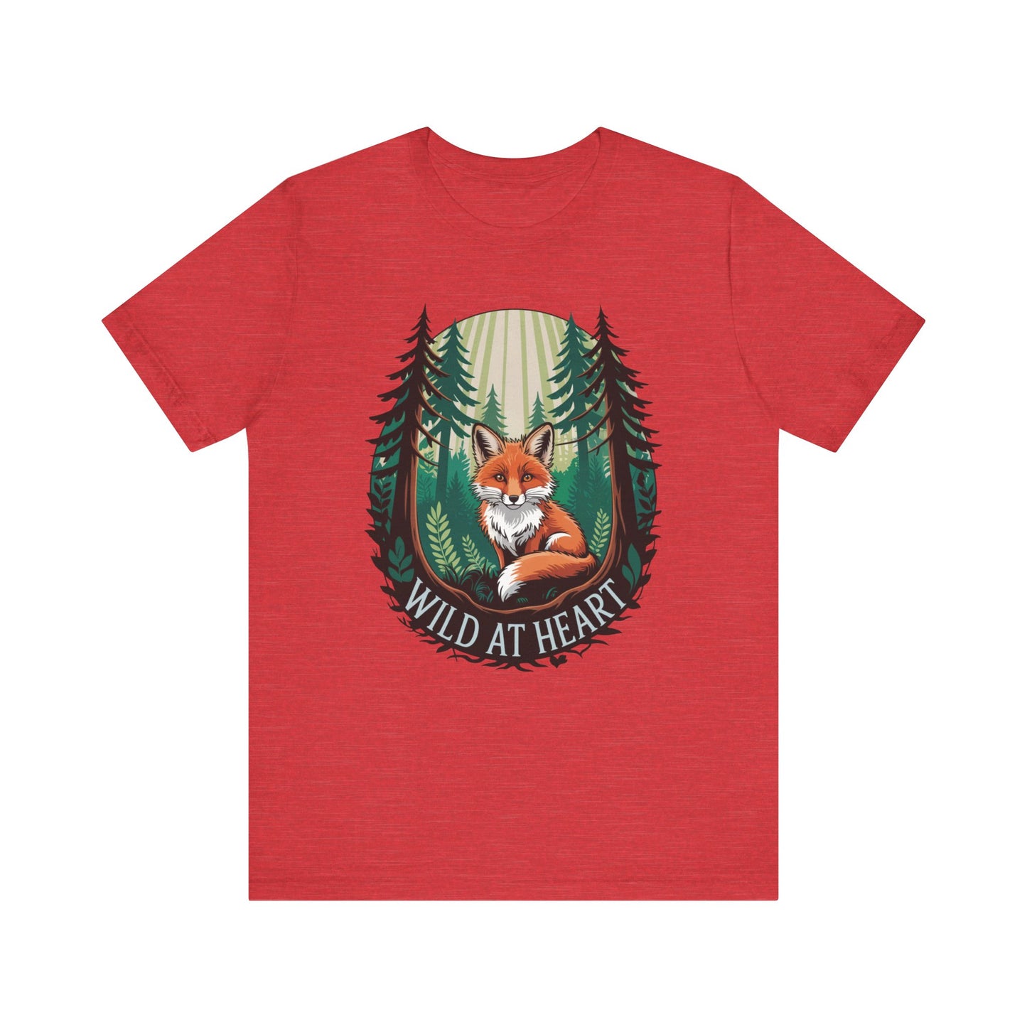 Wild at Heart Fox Illustration Bella+Canvas Unisex T-Shirt featuring a cartoon fox design. Perfect for casual wear, emphasizing comfort and style with its lightweight, sustainable fabric. Available in various sizes.