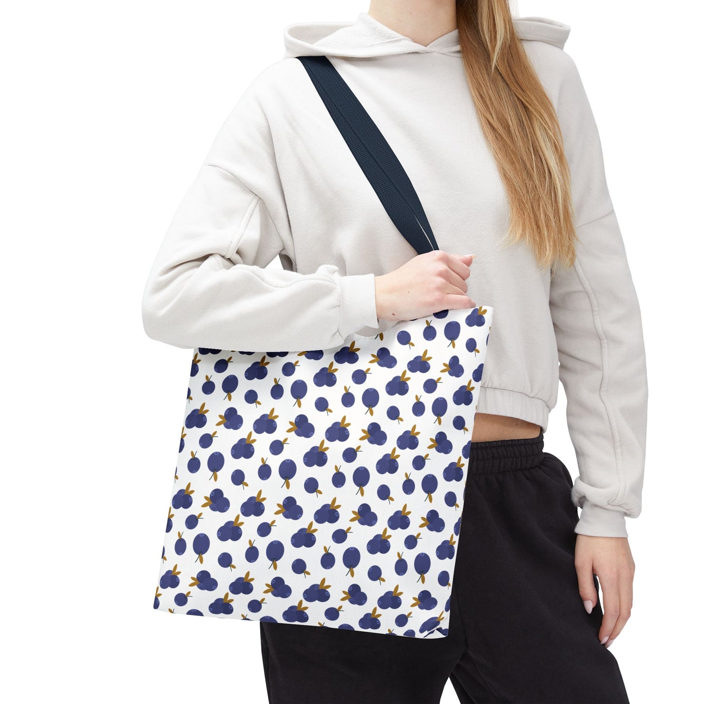 Blueberry Tote Bag featuring a delightful blueberry pattern, crafted from durable polyester with reinforced handles and boxed corners, perfect for stylish and functional everyday use, from FireBrook Designs.