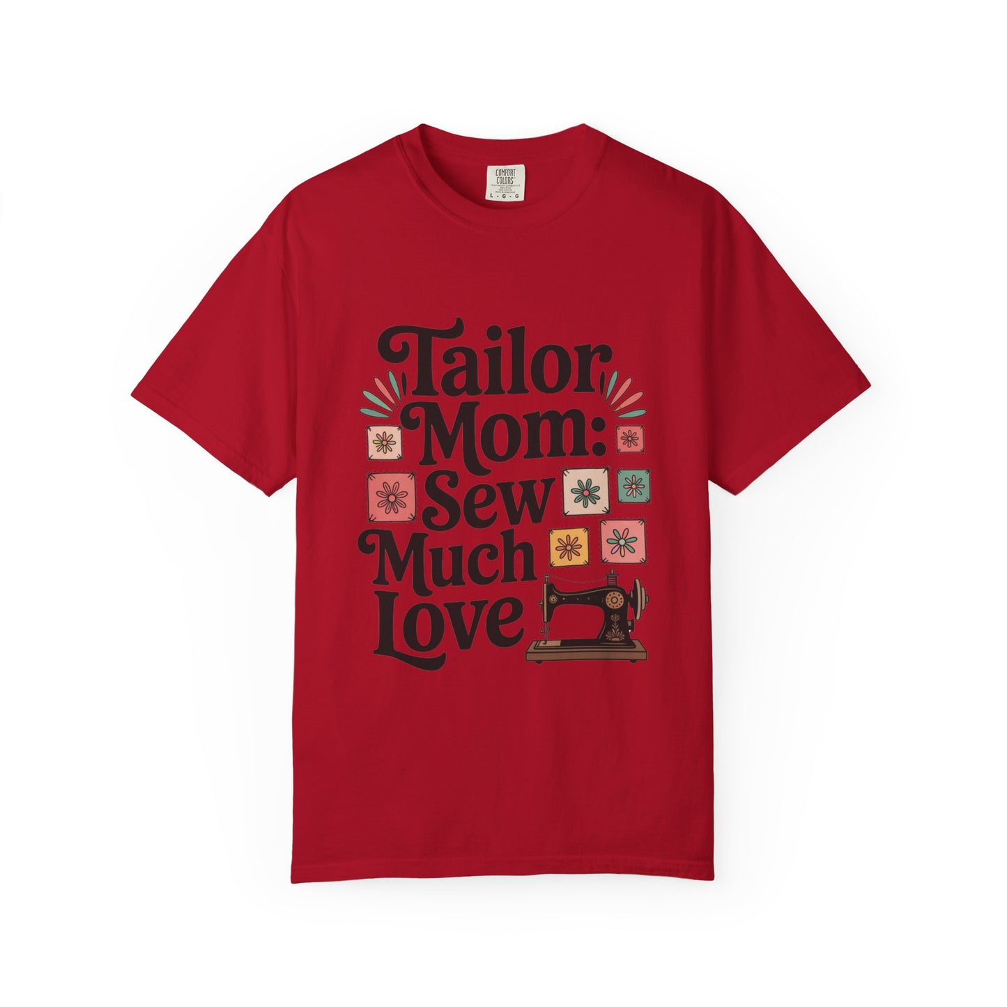 Tailor Mom Mode: Sew Much Love Mother's Day Comfort Colors Unisex T-Shirt featuring a relaxed fit with a classic crew neckline, enhanced by durable double-needle stitching, embodying comfort and style from FireBrook Essentials.