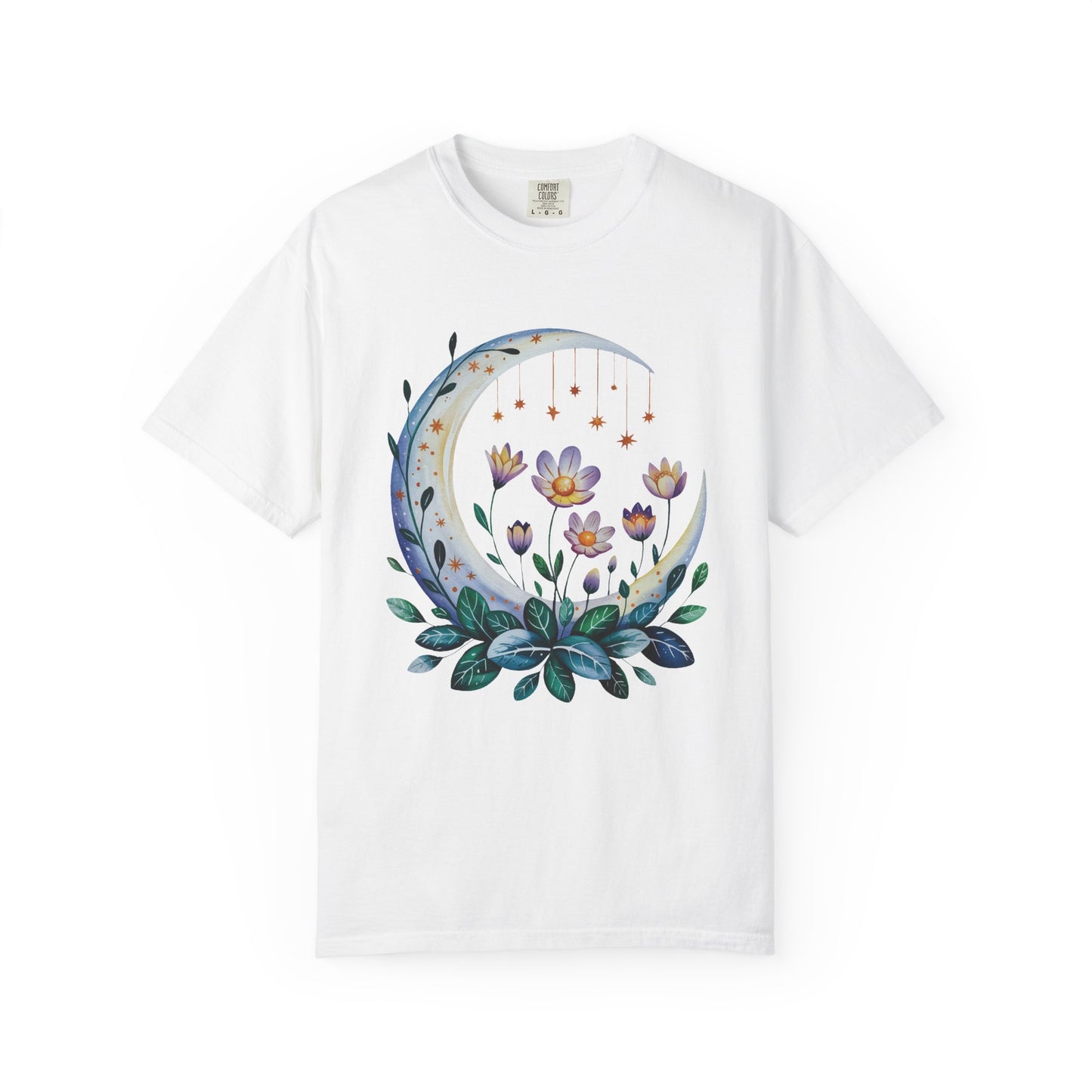 Crescent Moon Floral T-Shirt with a bohemian, dreamy design, featuring double-needle stitching and a relaxed fit, epitomizes FireBrook Essentials' commitment to comfort and style for nature lovers.