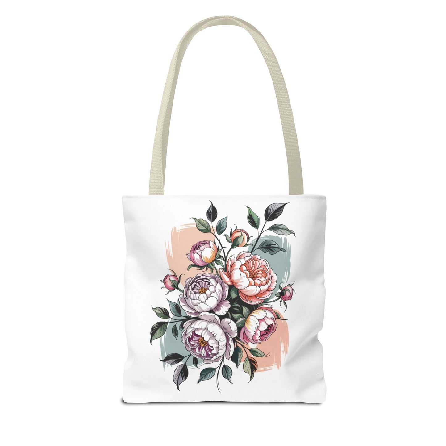 Vintage Peony Tote Bag: A durable polyester tote with a vintage peony design, ideal for nature lovers. Features reinforced handles and boxed corners, perfect for carrying essentials with style. Available in multiple sizes.