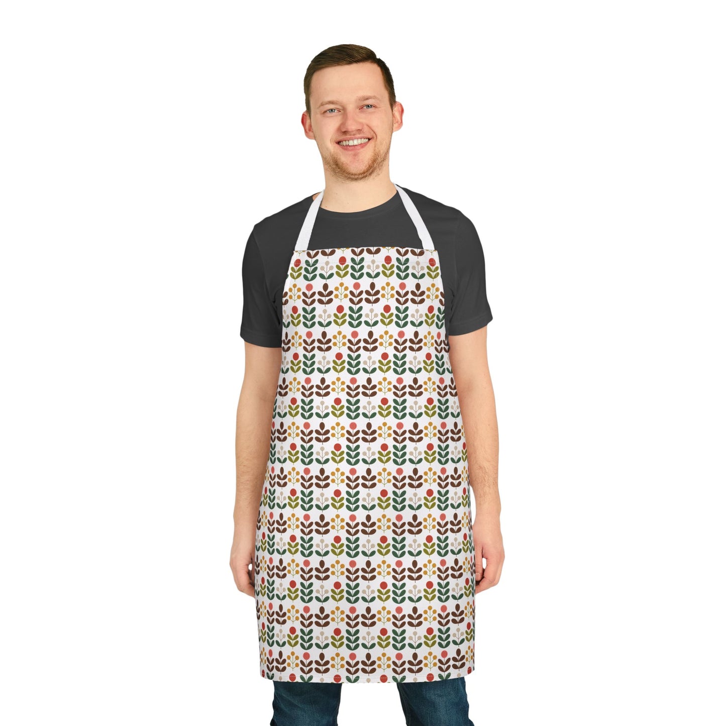 Flower Pattern Apron featuring a vibrant floral design, ideal for creative cooks or artists. The apron is worn by a man, showcasing its comfortable fit and stylish appeal for joyful kitchen or studio activities.