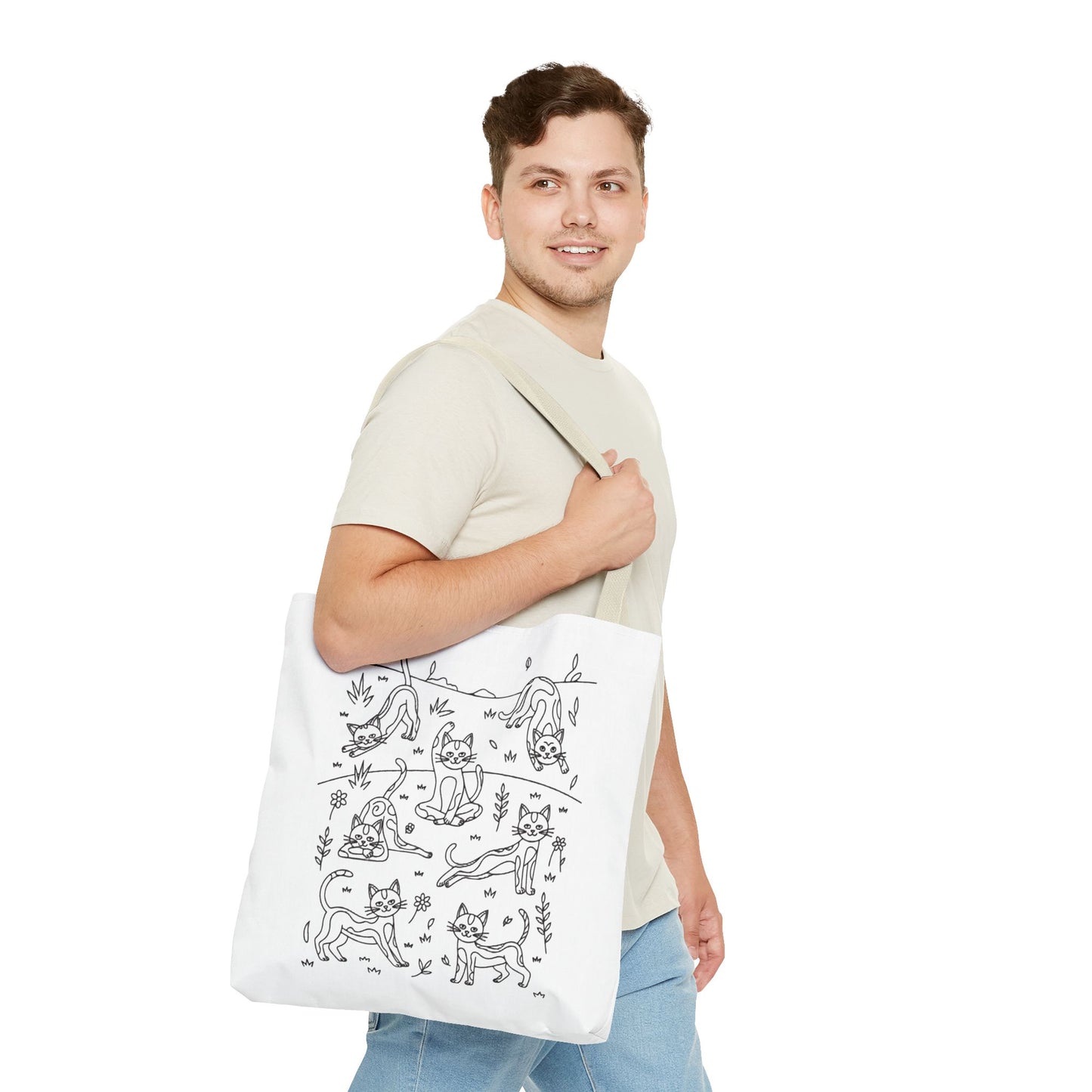 Yoga Cat Tote Bag showcasing cats in yoga poses, perfect for cat lovers and yoga enthusiasts. Durable polyester with reinforced handles, ideal for carrying groceries, books, or gym essentials. Available at FireBrook Designs.