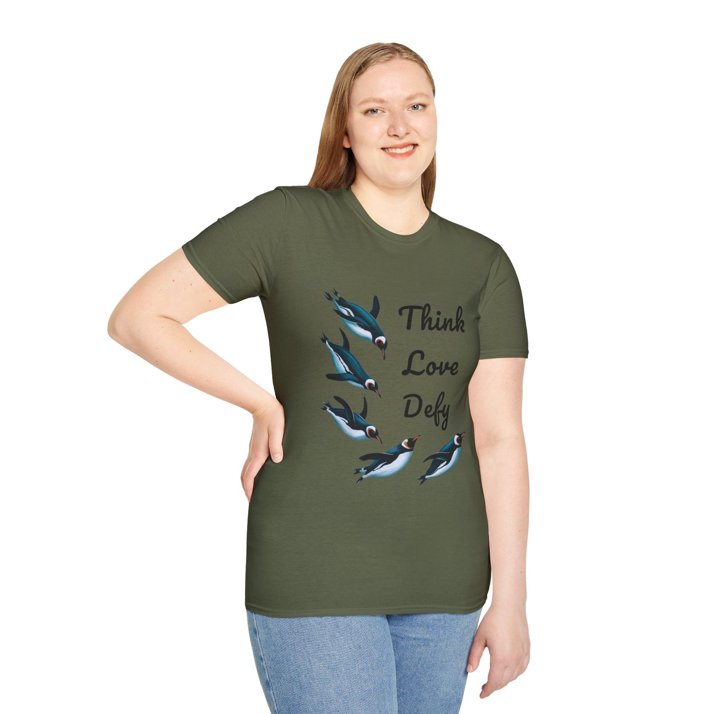 Think Love Defy Penguin Animal Nature Gildan Unisex T-Shirt, featuring penguins and nature motifs, worn by a smiling woman; embodies casual, unique style perfect for nature lovers.