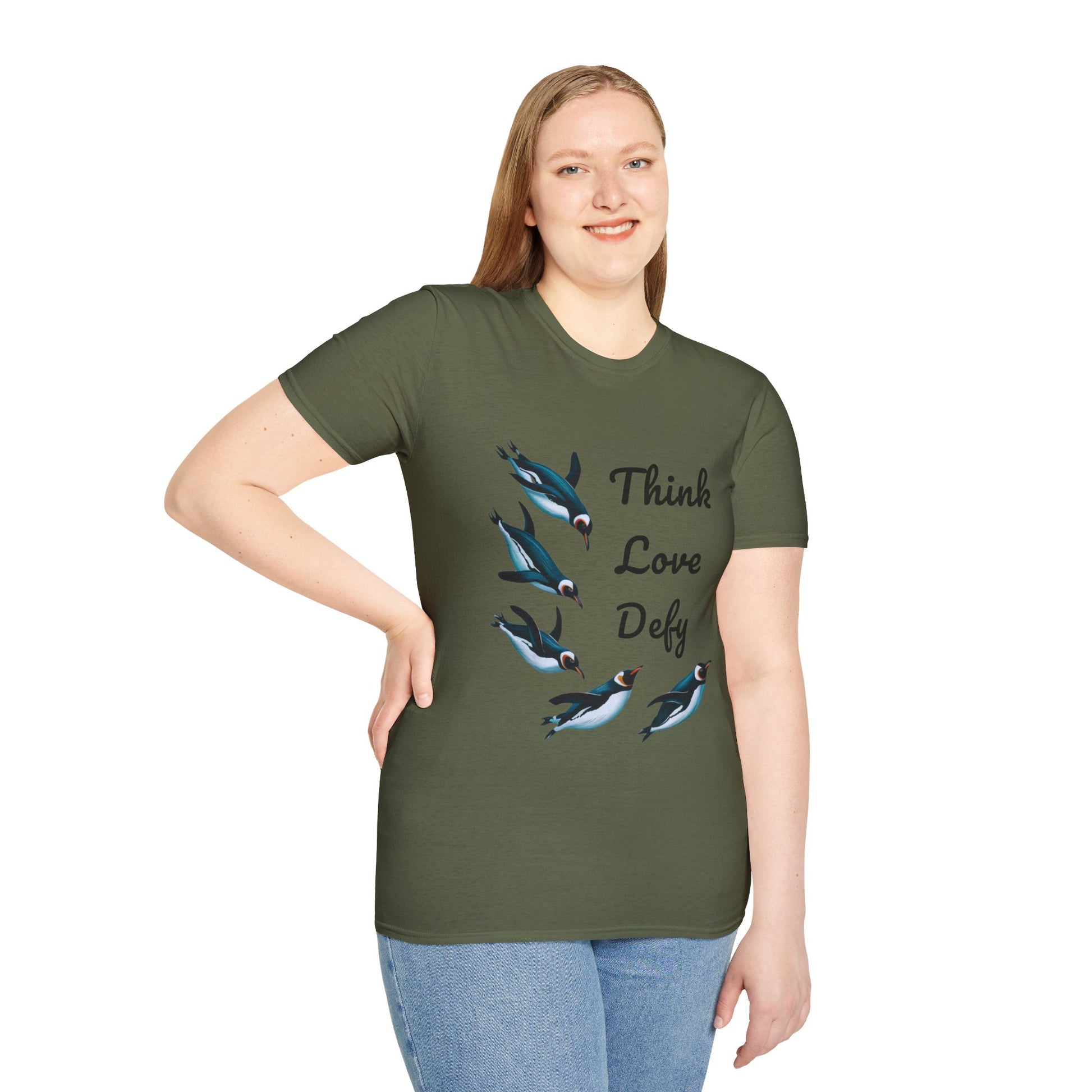 Think Love Defy Penguin Animal Nature Gildan Unisex T-Shirt, featuring penguins and nature motifs, worn by a smiling woman; embodies casual, unique style perfect for nature lovers.
