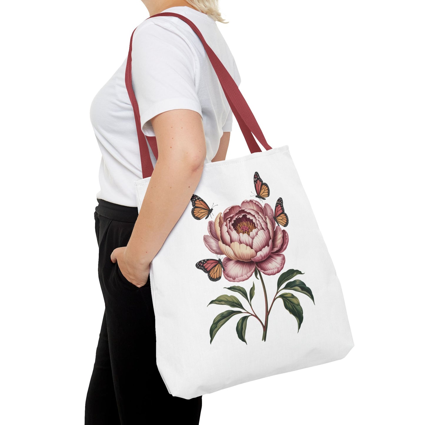 Botanical with Vintage-Inspired Illustration Tote Bag showcasing vibrant flowers, intricate leaves, and butterflies. Ideal for nature lovers, offering a whimsical design perfect for shopping and casual outings.
